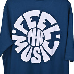 Feel the music T-Shirt: Dark Blue, Oversized, Close Front side Logo, Bio-Washed Cotton Printed by Techno Be With You