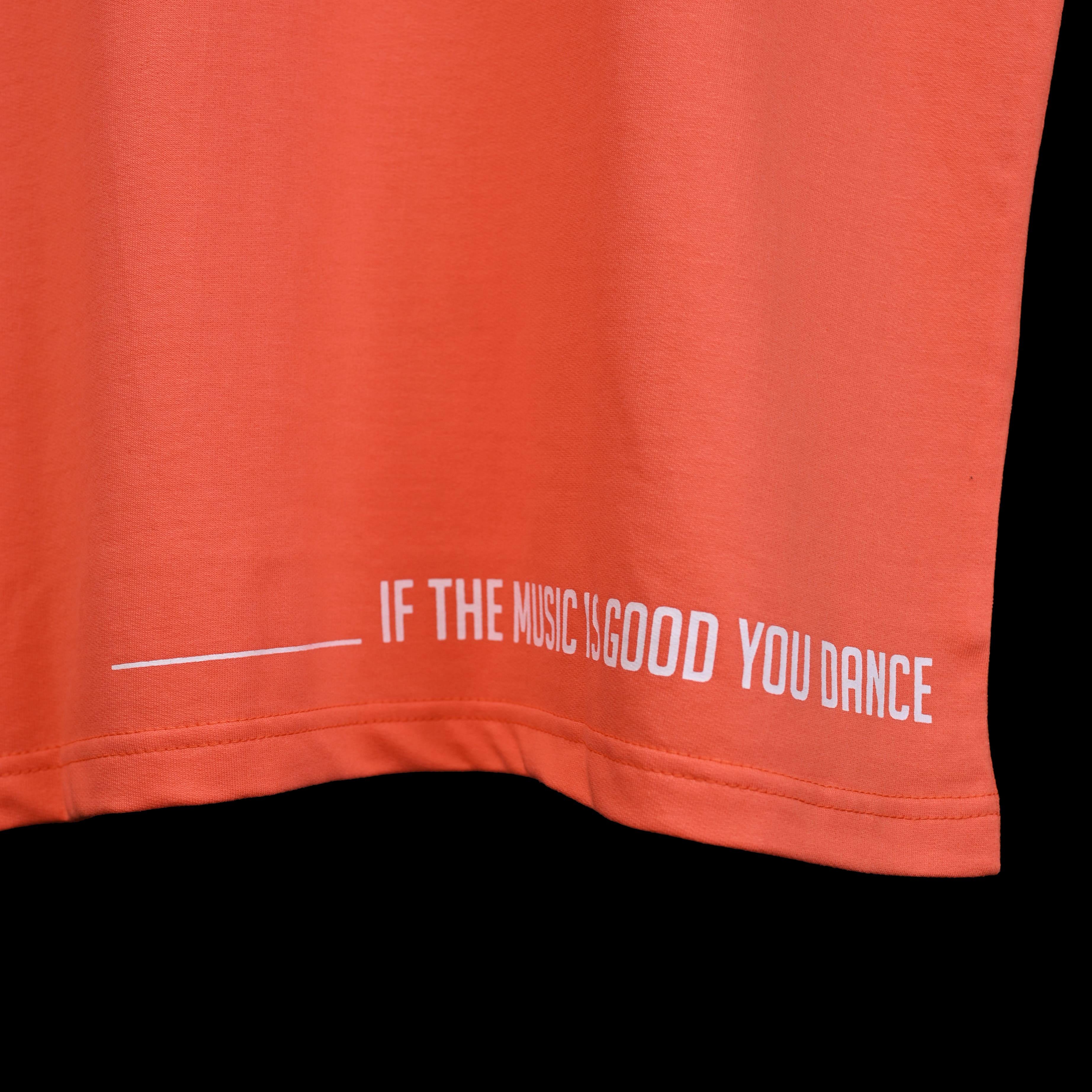 Feel the music T-Shirt: Orange, Oversized, Close Front side, Bio-Washed Cotton Printed by Techno Be With You