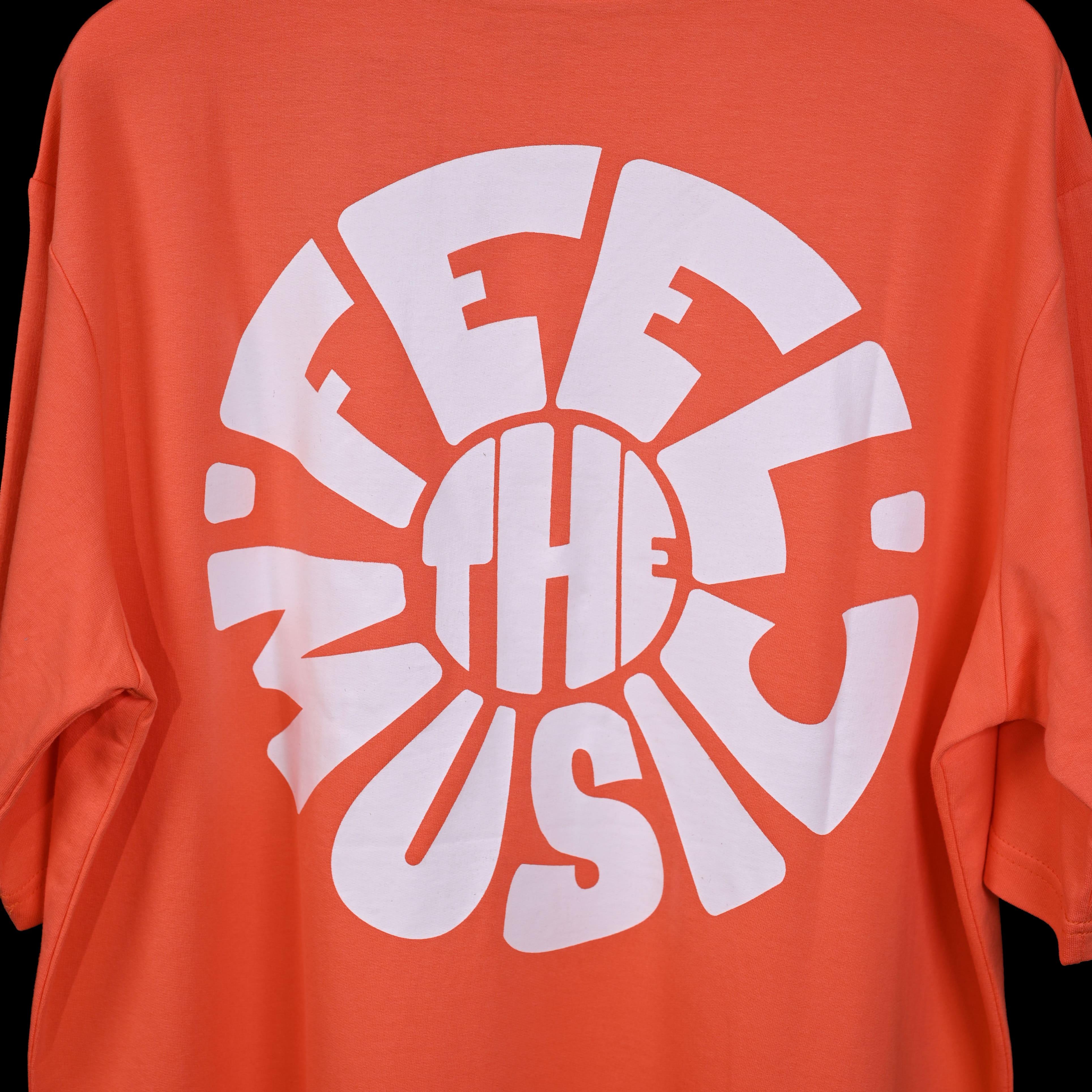 Feel the music T-Shirt: Orange, Oversized, Close Front side Logo, Bio-Washed Cotton Printed by Techno Be With You