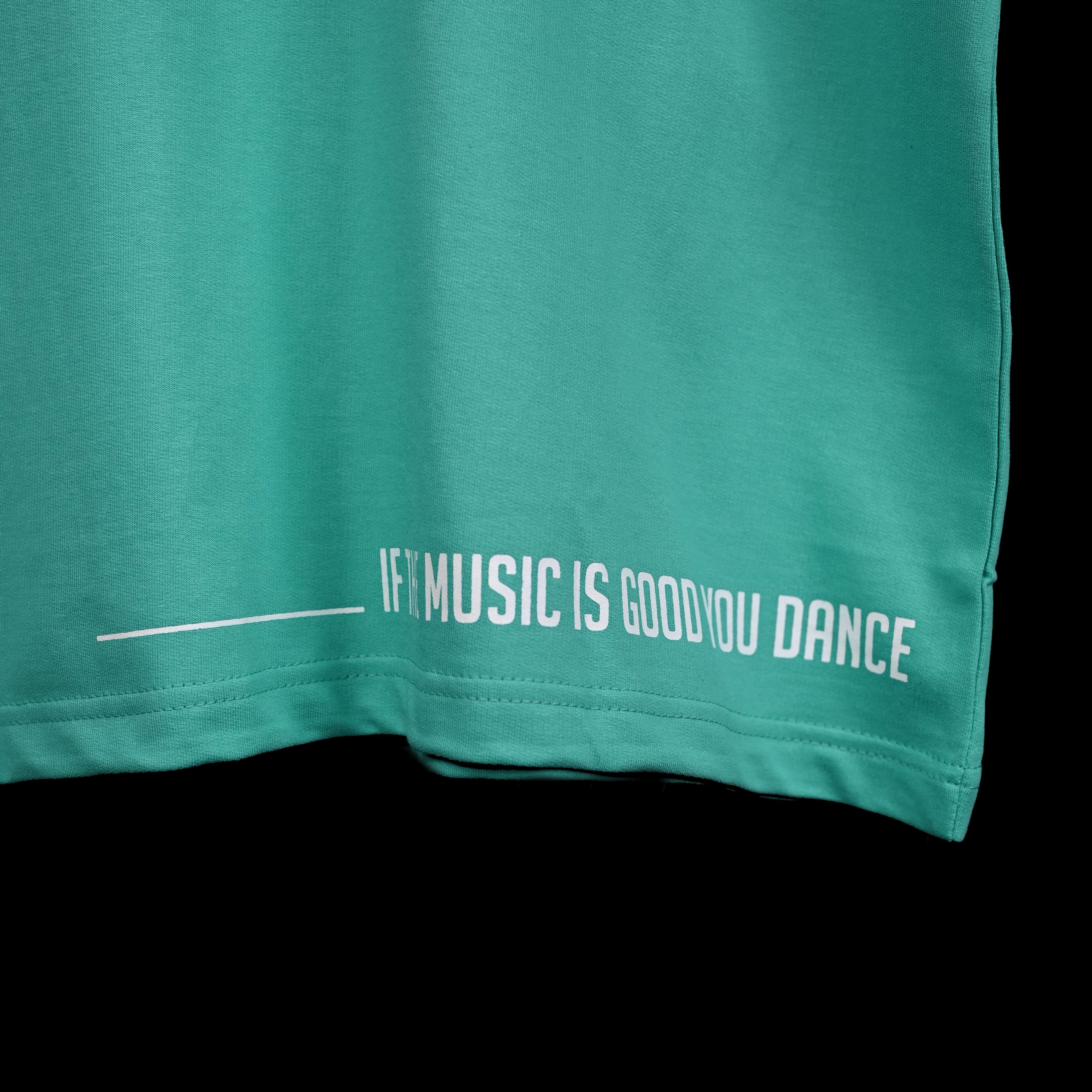 Feel the music T-Shirt: Bright Blue, Oversized, Close Front side, Bio-Washed Cotton Printed by Techno Be With You
