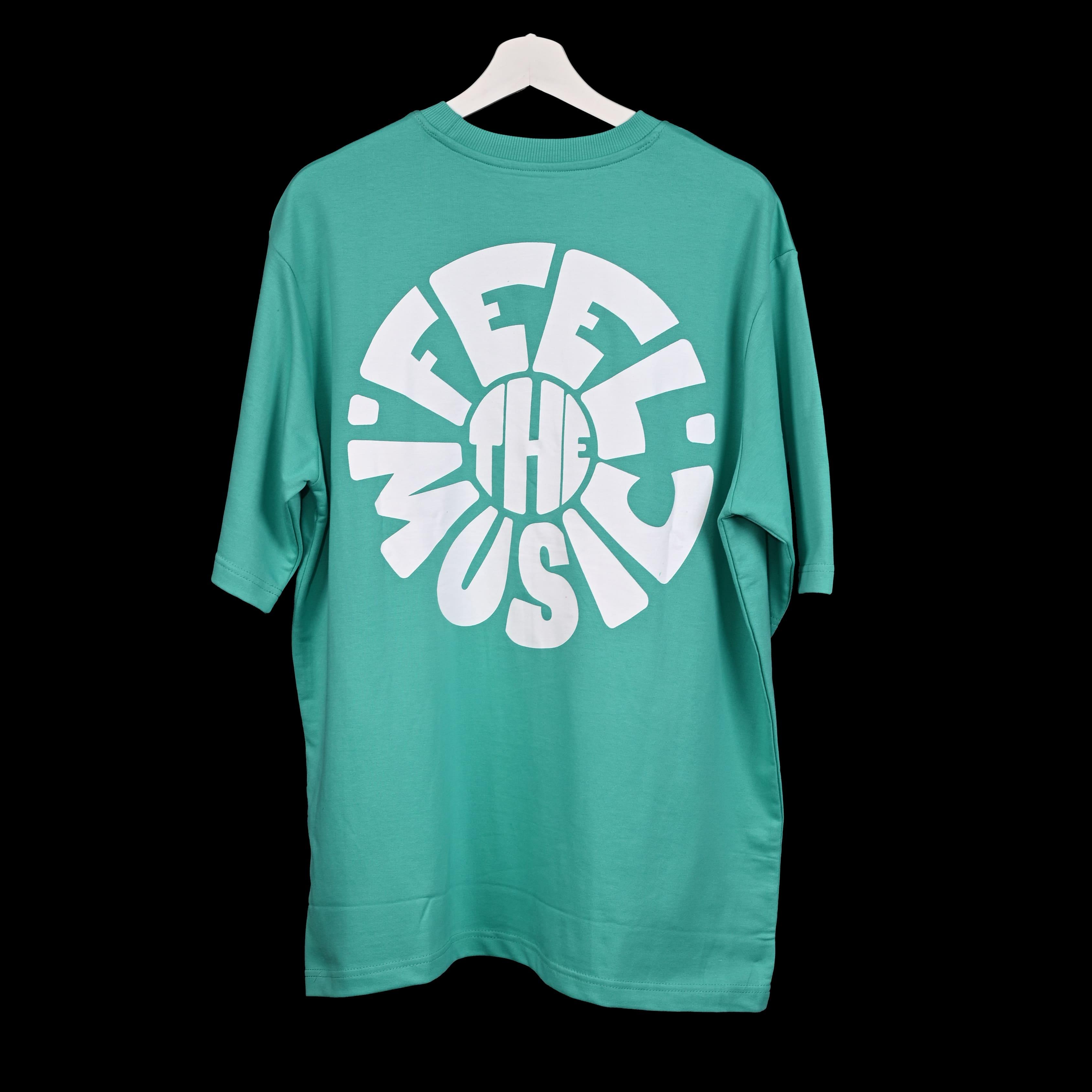 Feel the music T-Shirt: Bright Blue, Oversized, Back Side, Bio-Washed Cotton Printed by Techno Be With You