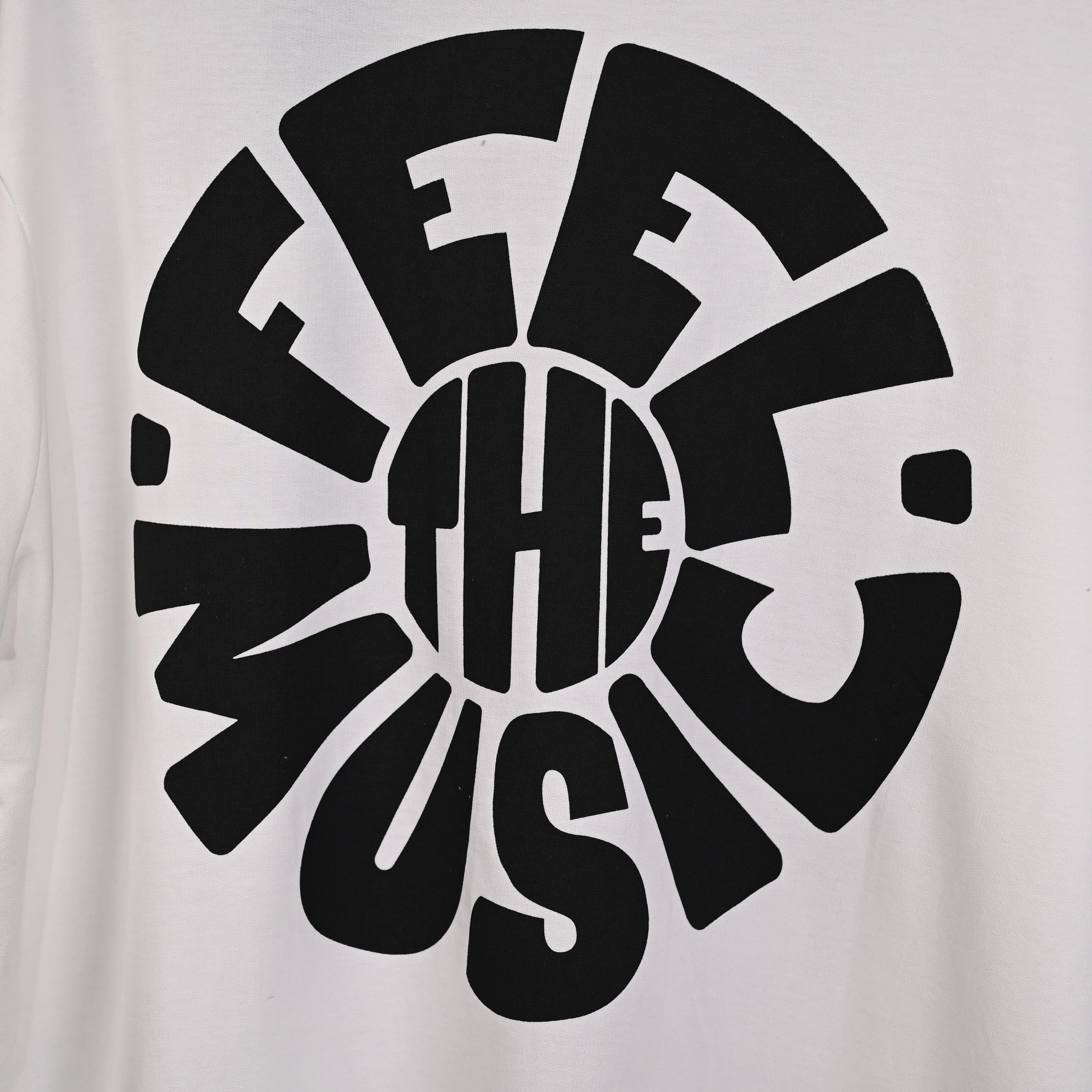 Feel the music T-Shirt: White, Oversized, Close Front side Logo, Bio-Washed Cotton Printed by Techno Be With You