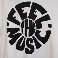 Feel the music T-Shirt: White, Oversized, Close Front side Logo, Bio-Washed Cotton Printed by Techno Be With You