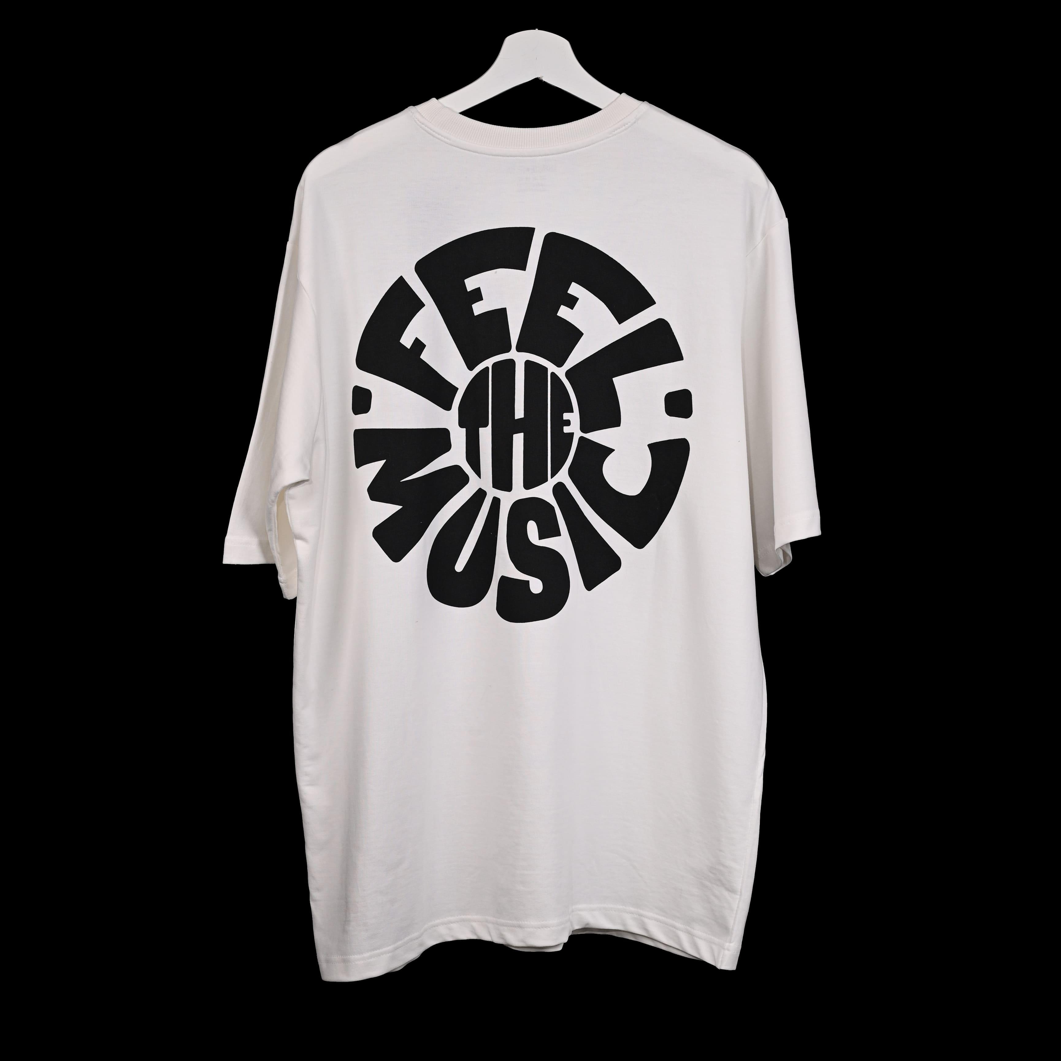 Feel the music T-Shirt: White, Oversized, Back Side, Bio-Washed Cotton Printed by Techno Be With You