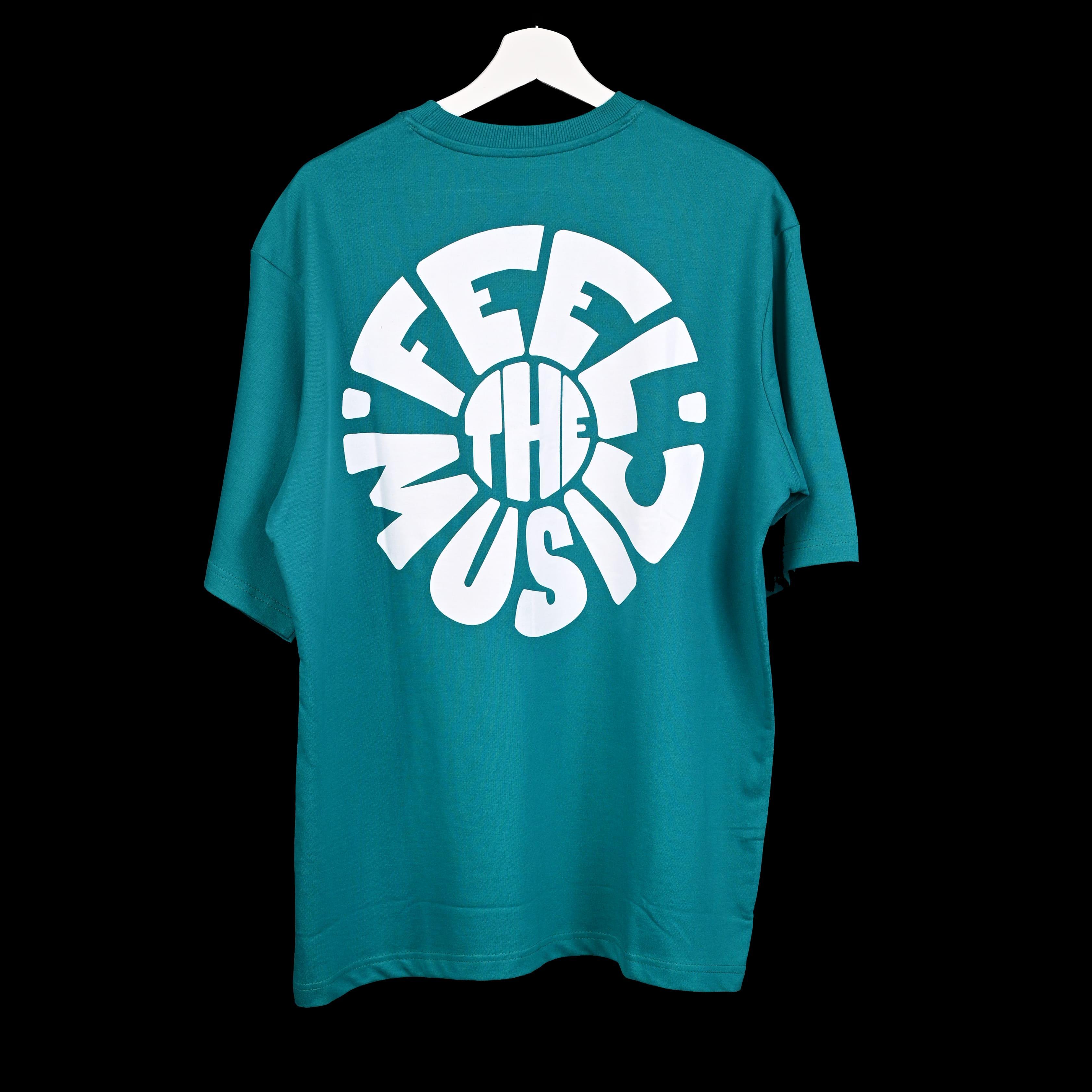 Feel the music T-Shirt: Light Blue, Oversized, Back Side, Bio-Washed Cotton Printed by Techno Be With You