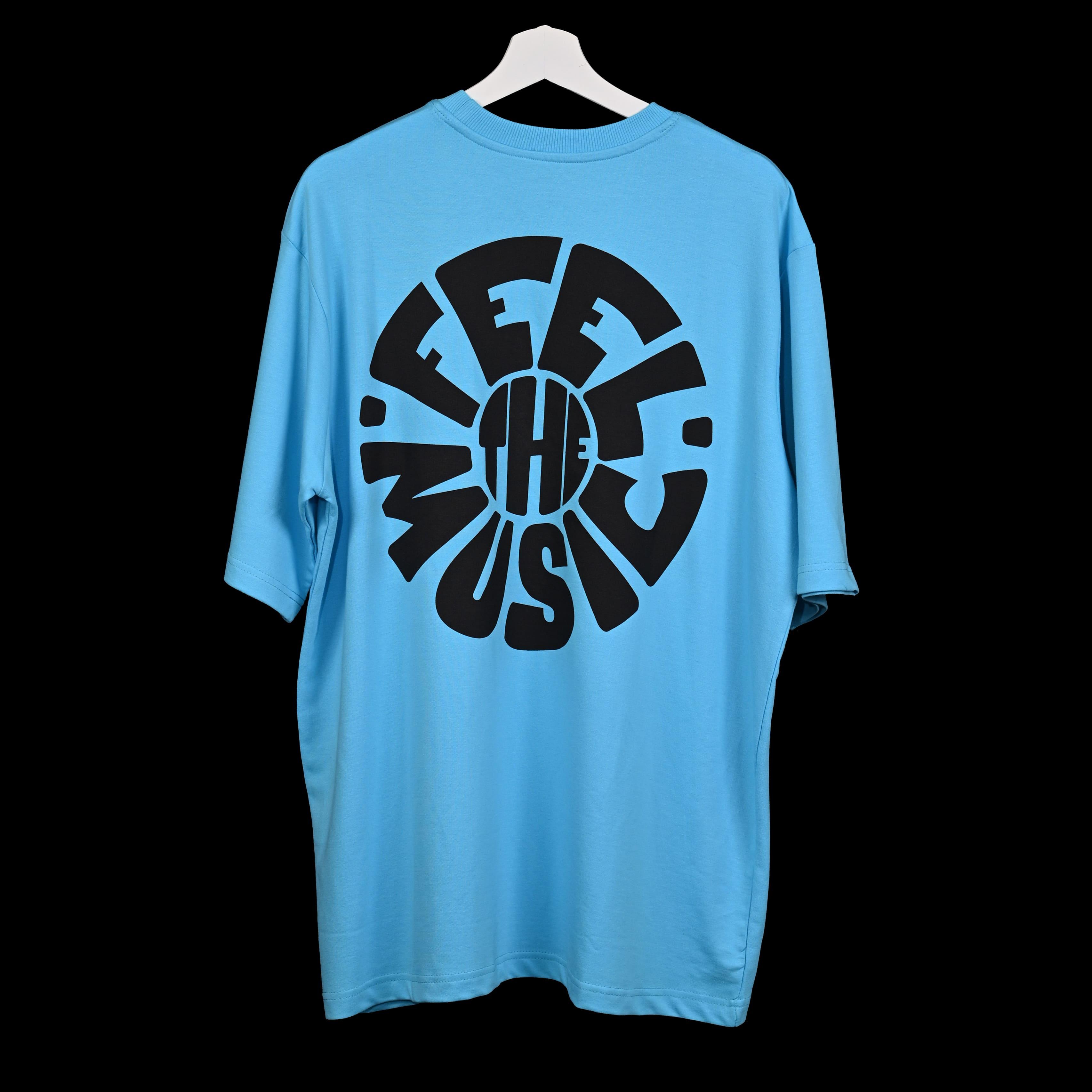 Feel the music T-Shirt: Blue, Oversized, Back Side, Bio-Washed Cotton Printed by Techno Be With You