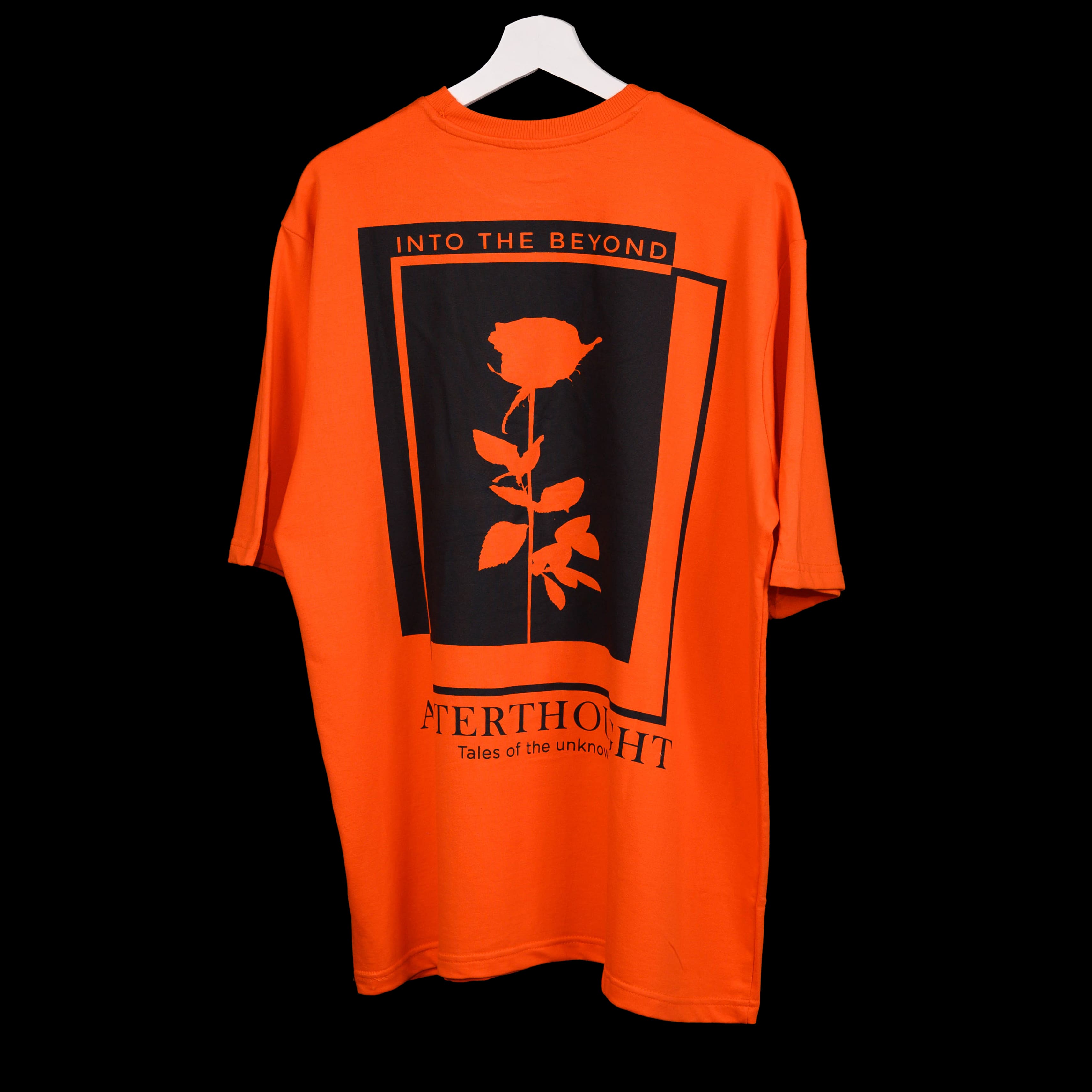 Oversized orange t-shirt with Afterthought style print on the back side without model