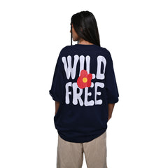 Wild Free T-Shirt: Black, Oversized, Back Model Pose, Bio-Washed Cotton Printed by Techno Be With You