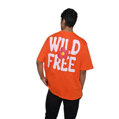 Wild Free T-Shirt: Orange, Oversized, Back Model Pose, Bio-Washed Cotton Printed by Techno Be With You