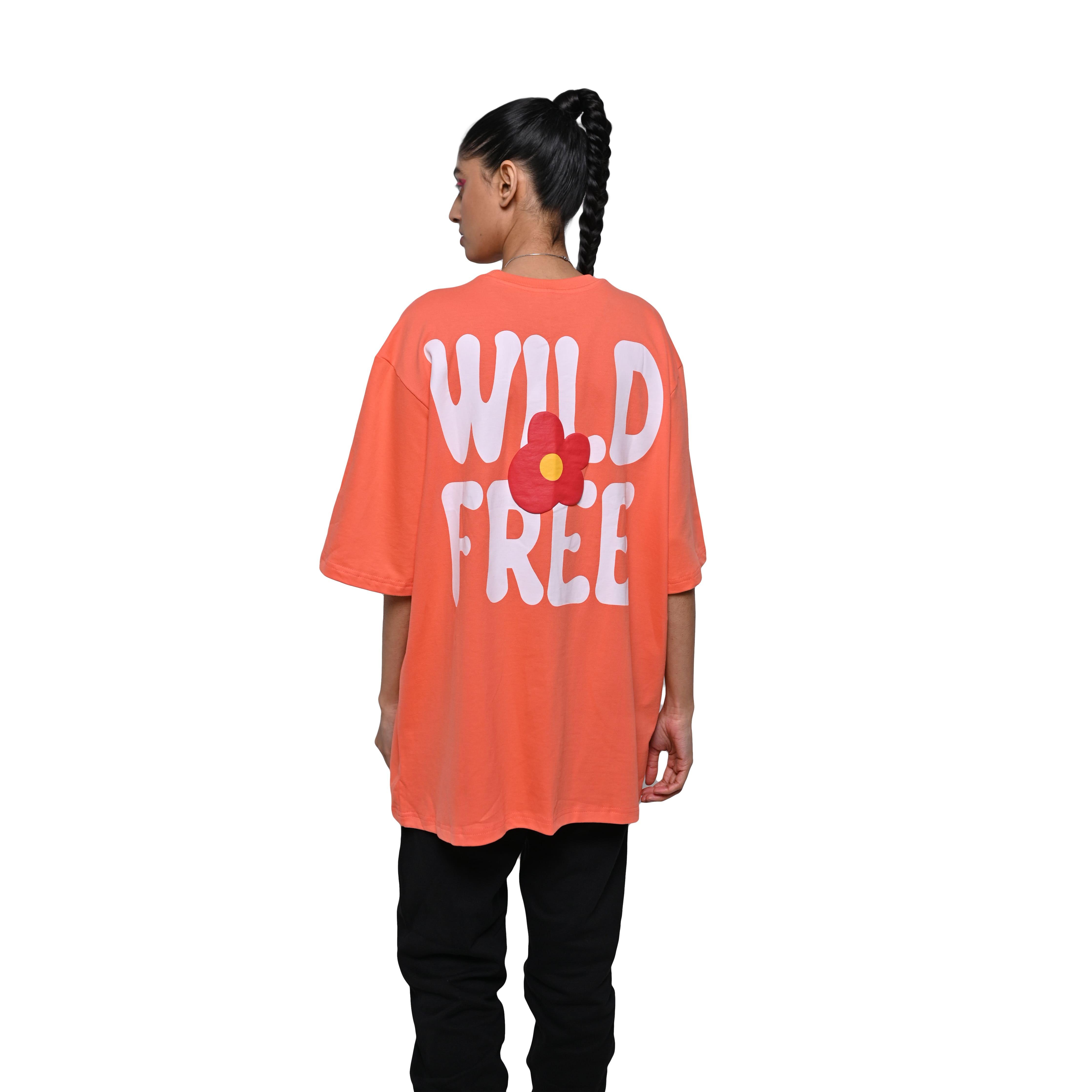 Wild Free T-Shirt: Lilac, Oversized, Back Model Pose, Bio-Washed Cotton Printed by Techno Be With You