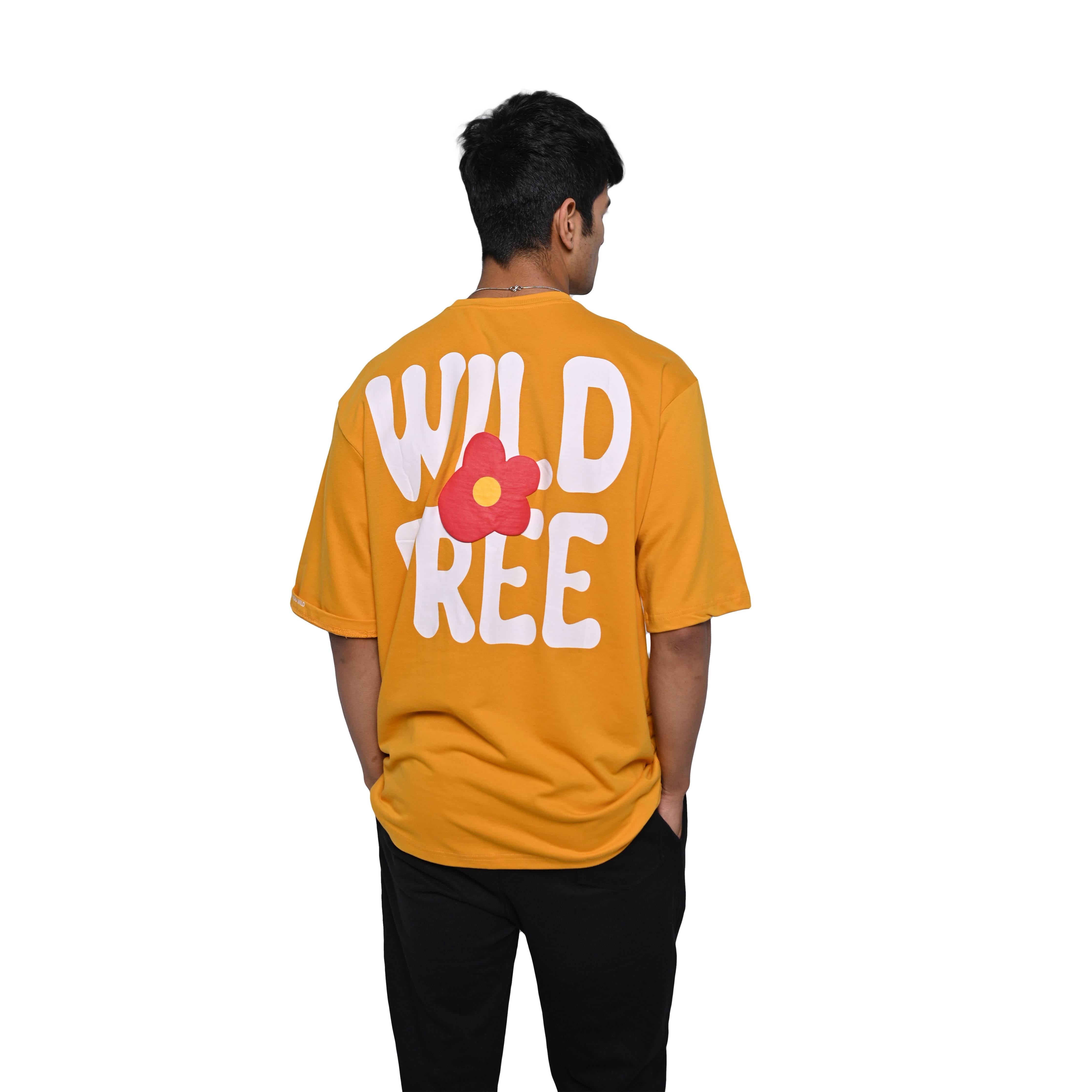 Wild Free T-Shirt: Yellow, Oversized, Back Model Pose, Bio-Washed Cotton Printed by Techno Be With You