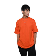 Wild Free T-Shirt: Orange, Oversized, Front Model Pose, Bio-Washed Cotton Printed by Techno Be With You