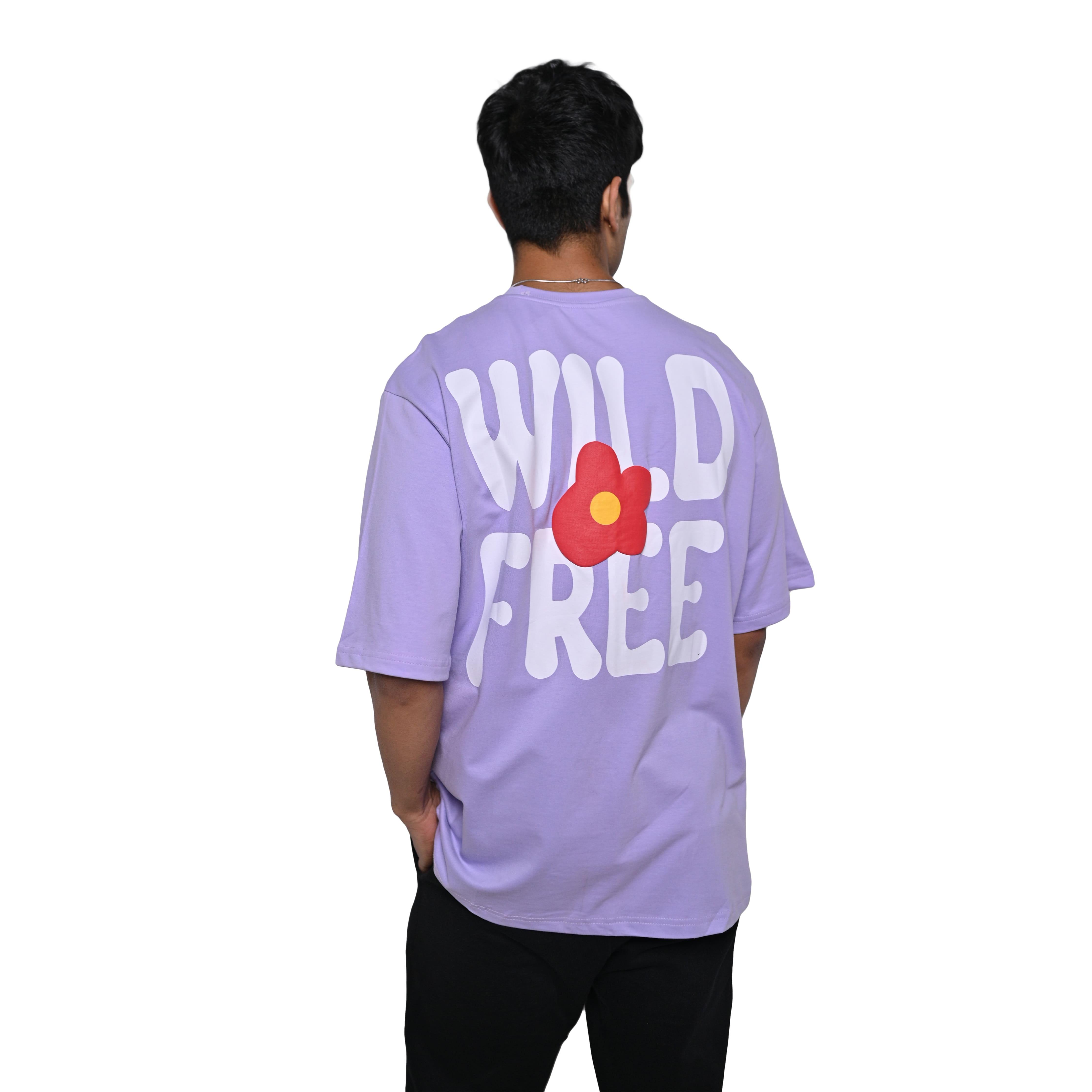 Wild Free T-Shirt: Lavender, Oversized, Back Model Pose, Bio-Washed Cotton Printed by Techno Be With You