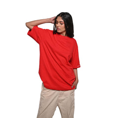 Wild Free T-Shirt: Red, Oversized, Front Model Pose, Bio-Washed Cotton Printed by Techno Be With You