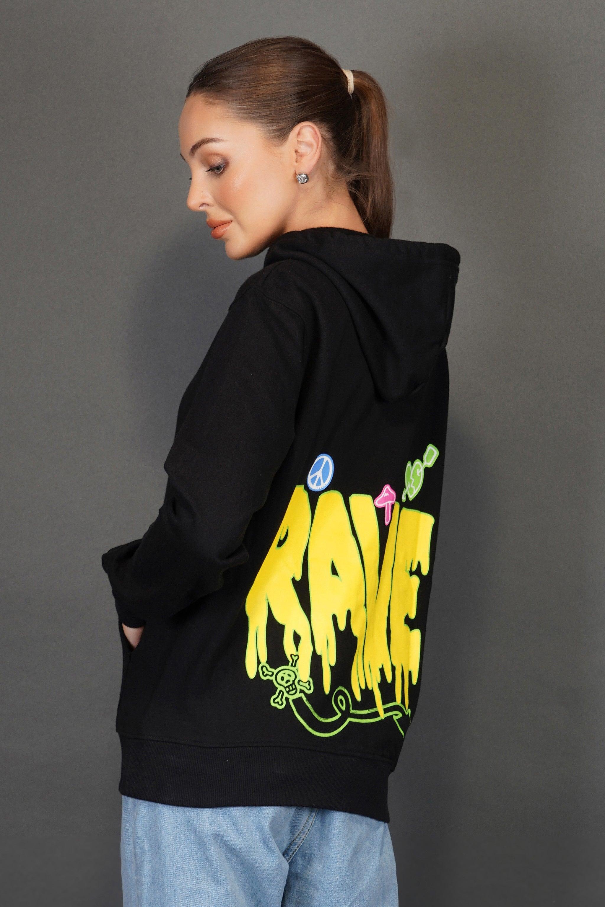 Techno rave hoodie, Black printed, female model