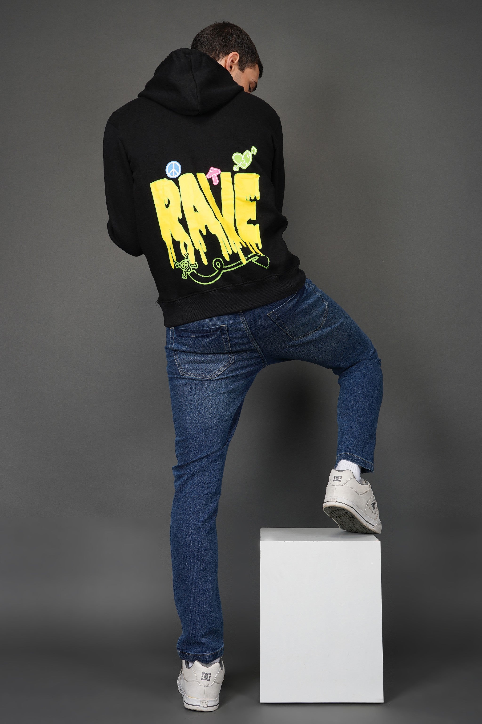 Techno rave hoodie, Black printed male model