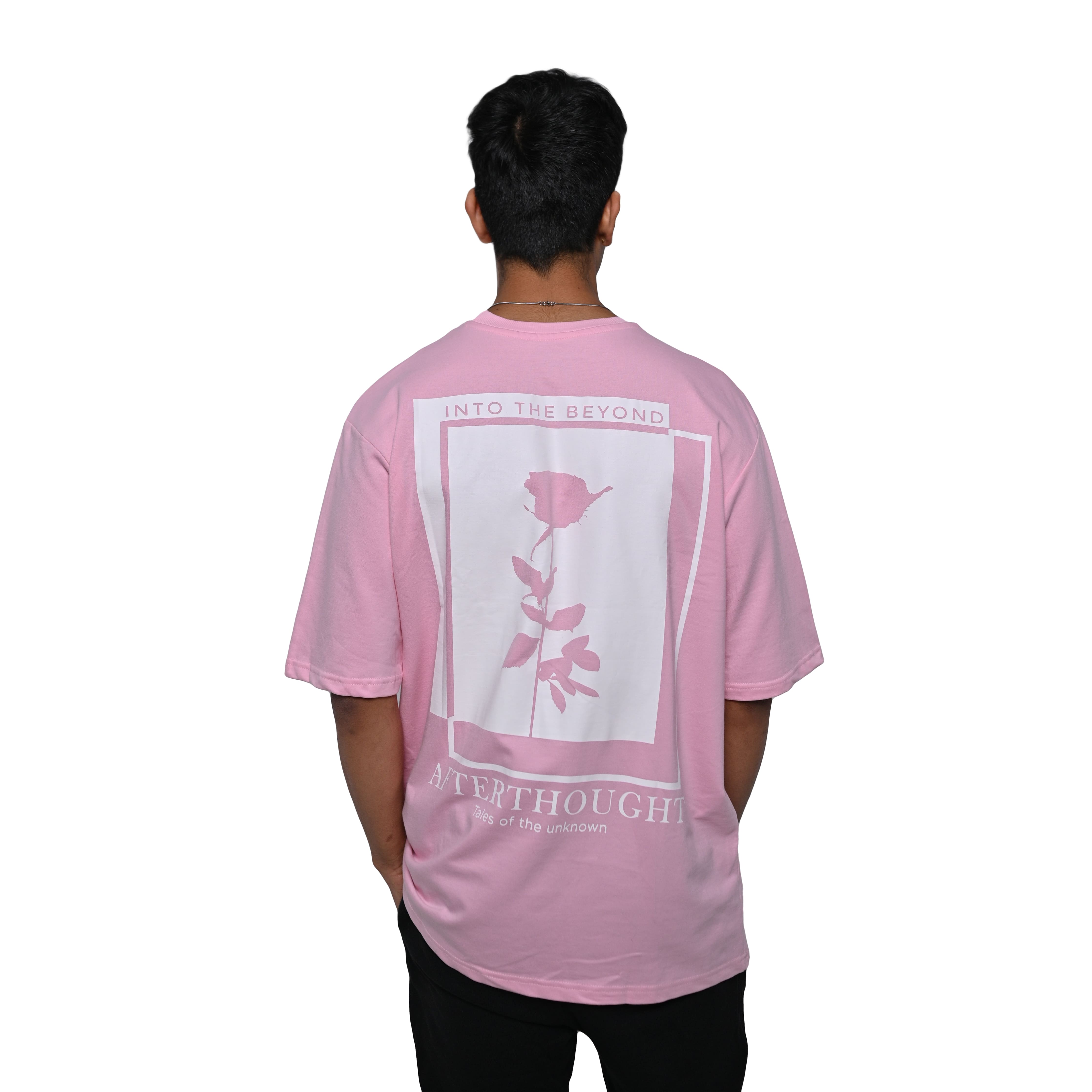 Oversized lilac t-shirt with Afterthought style print on the back side with model
