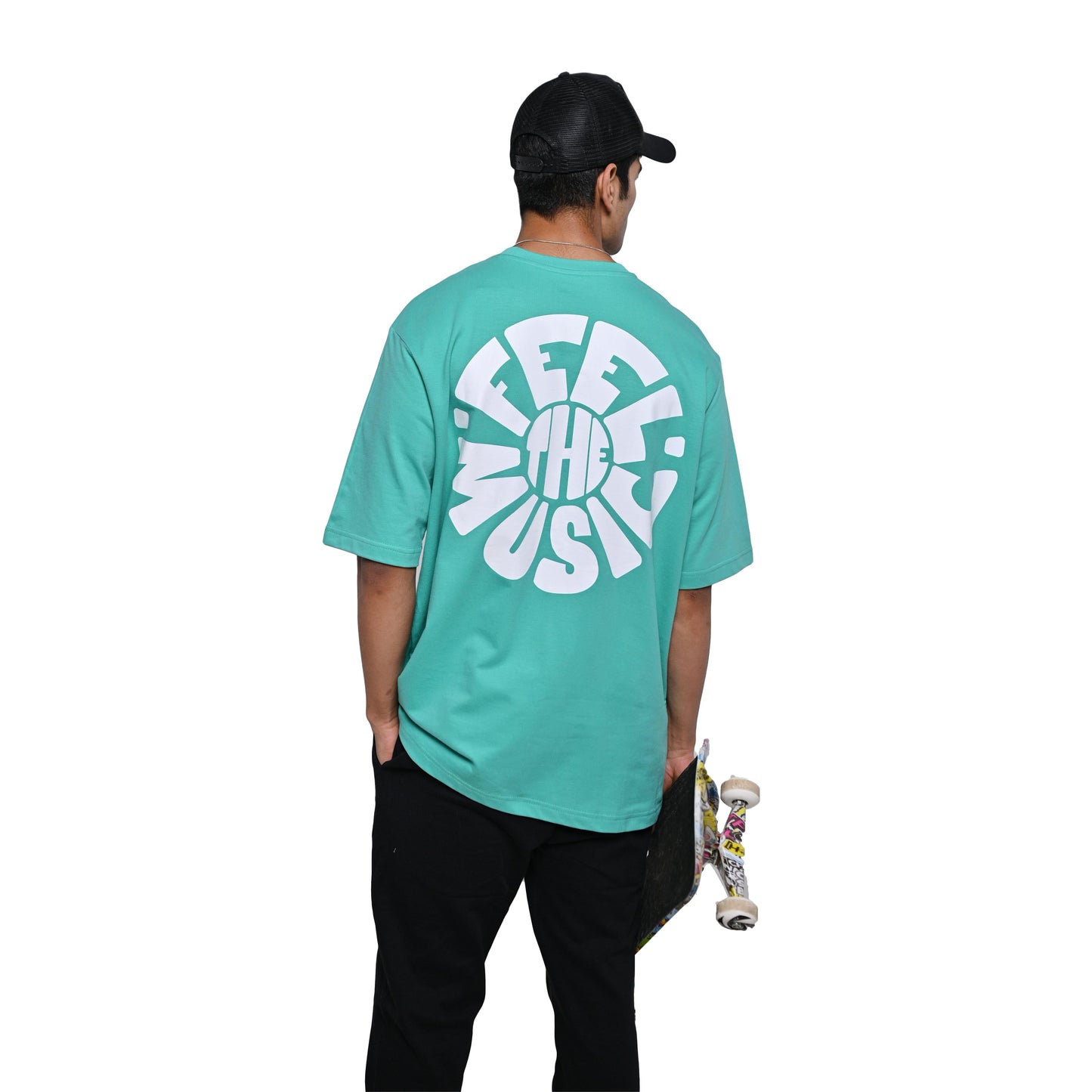 Feel the music T-Shirt: Bright Blue, Oversized, Back Model Pose, Bio-Washed Cotton Printed by Techno Be With You
