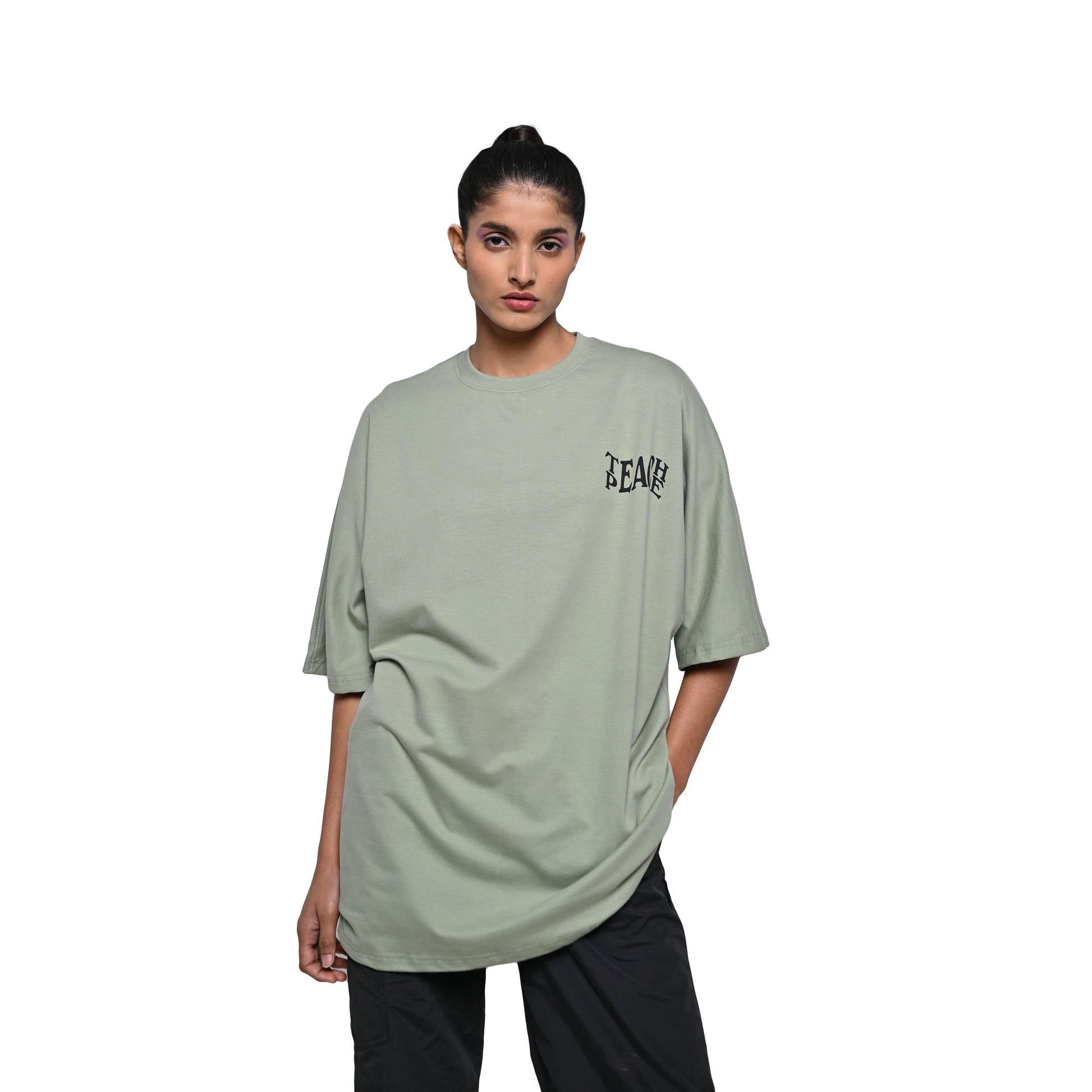 Protect Your Energy T-Shirt: Hunter Green, Oversized, Front Model Pose, Bio-Washed Cotton Printed by Techno Be With You