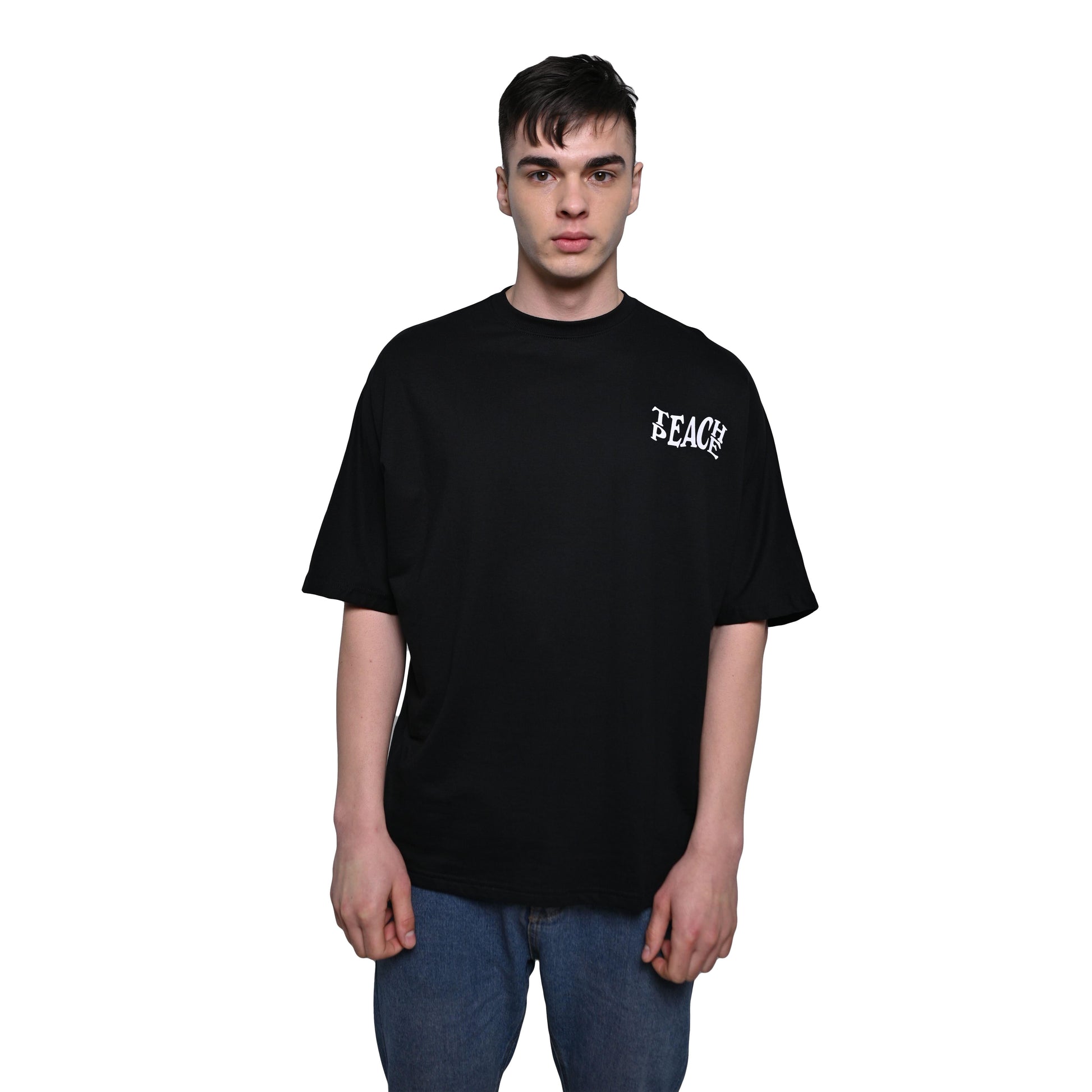 Protect Your Energy T-Shirt: Black, Oversized, Front Model Pose, Bio-Washed Cotton Printed by Techno Be With You