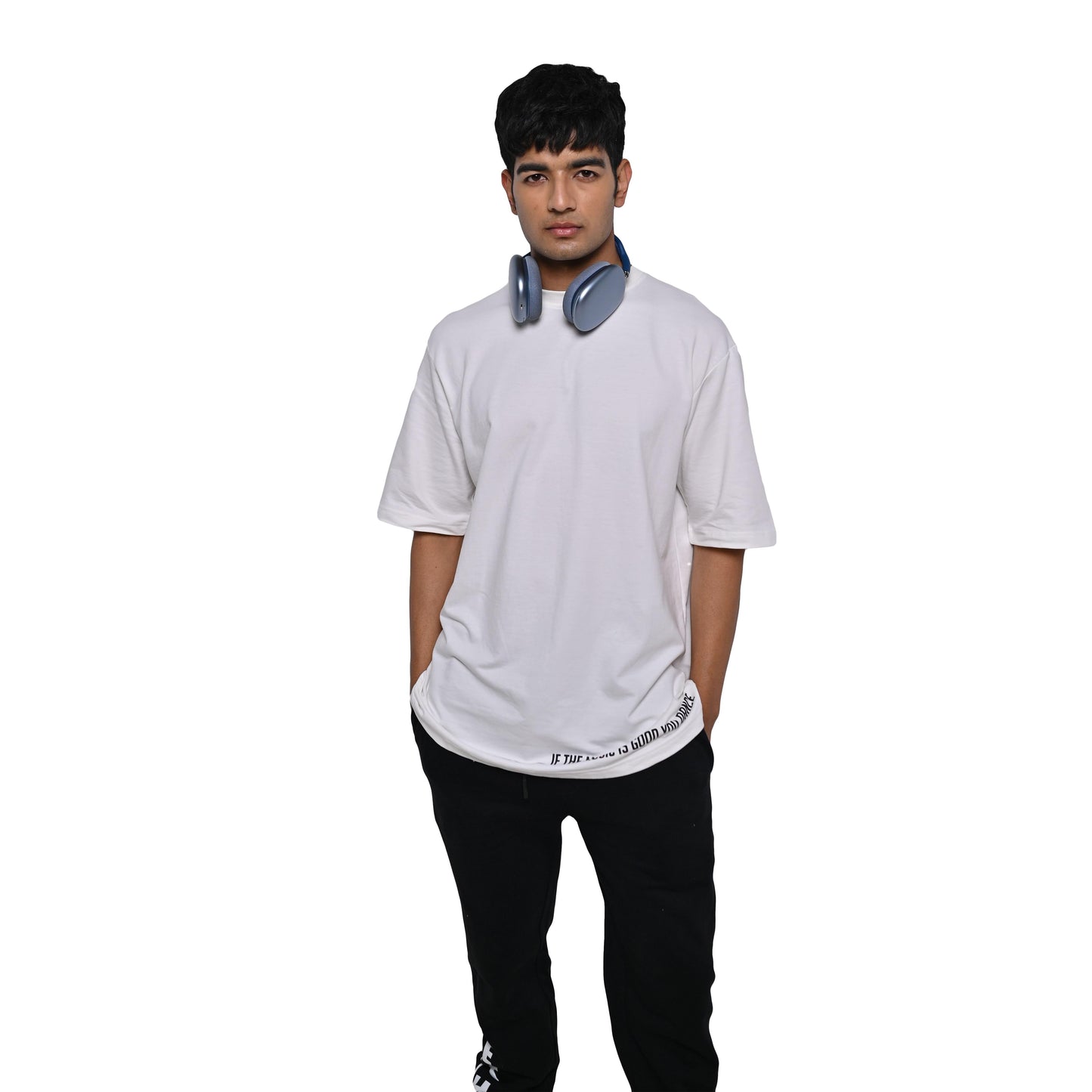 Feel the music T-Shirt: White, Oversized, Front Model Pose, Bio-Washed Cotton Printed by Techno Be With You