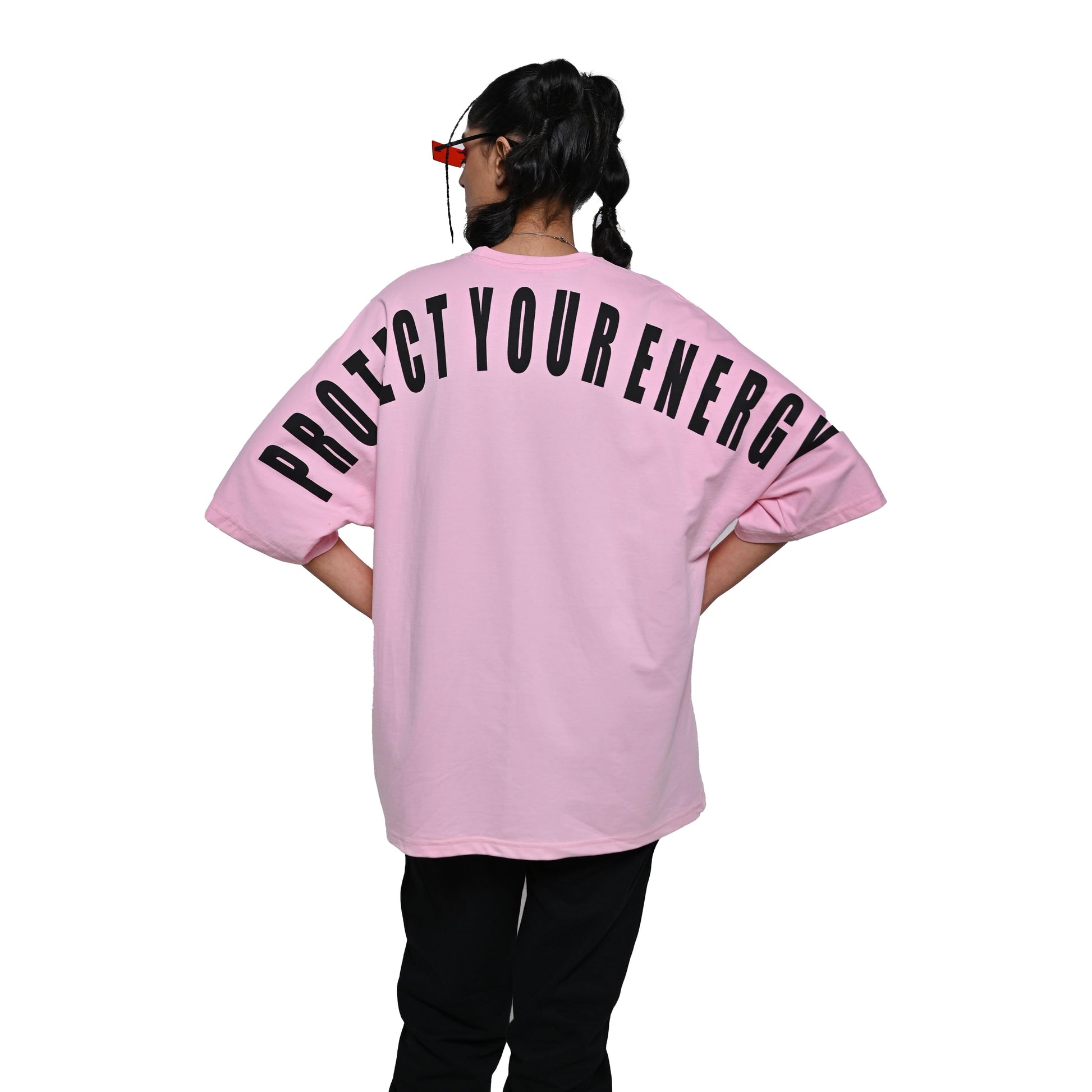 Protect Your Energy T-Shirt: Lilac, Oversized, Back Model Pose, Bio-Washed Cotton Printed by Techno Be With You