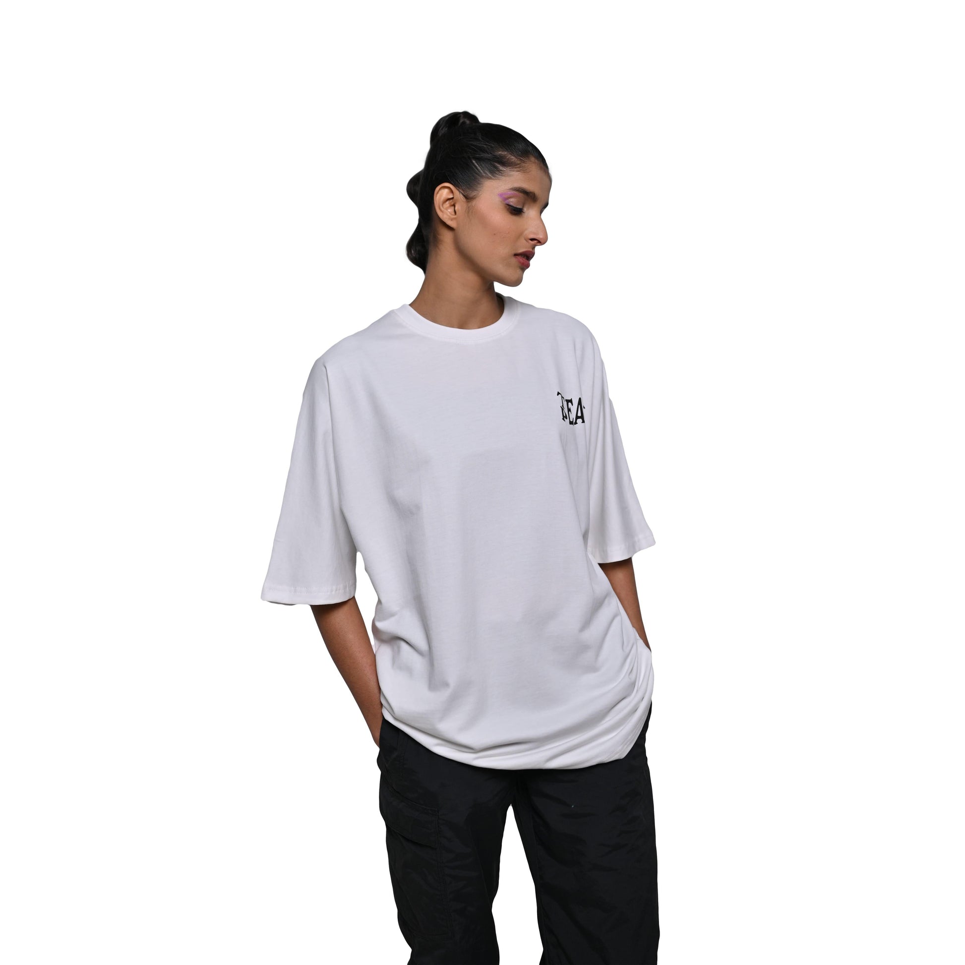 Protect Your Energy T-Shirt: White, Oversized, Front Model Pose, Bio-Washed Cotton Printed by Techno Be With You