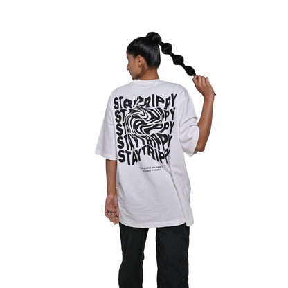 Star Trippy T-Shirt: White, Oversized, Back Model Pose, Bio-Washed Cotton Printed by Techno Be With You