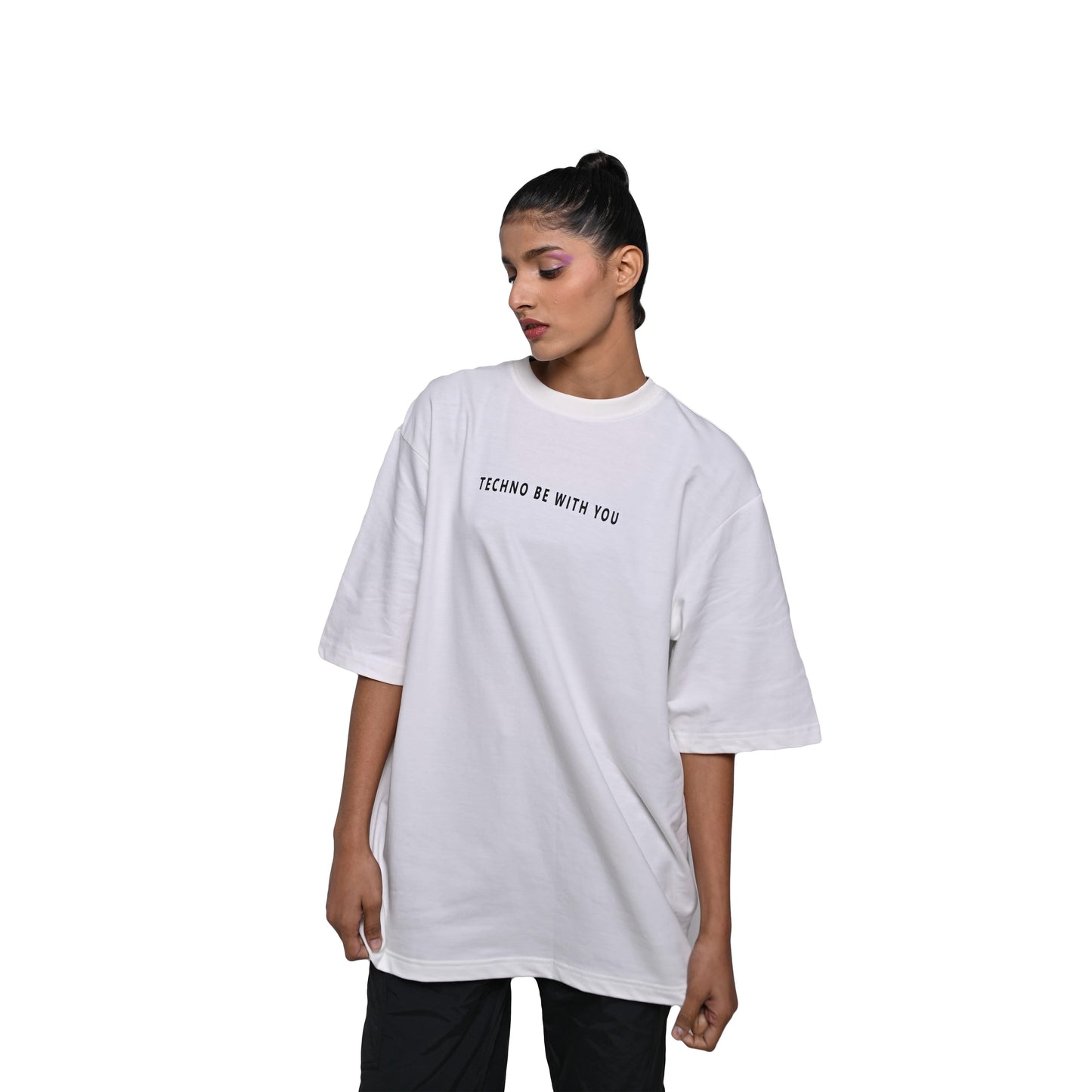 Star Trippy T-Shirt: White, Oversized, Front Model Pose, Bio-Washed Cotton Printed by Techno Be With You