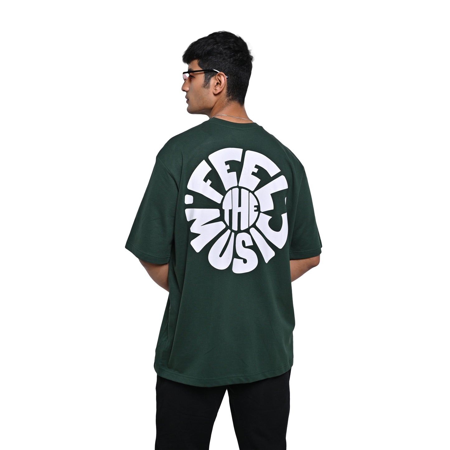 Feel the music T-Shirt: Olive, Oversized, Back Model Pose, Bio-Washed Cotton Printed by Techno Be With You