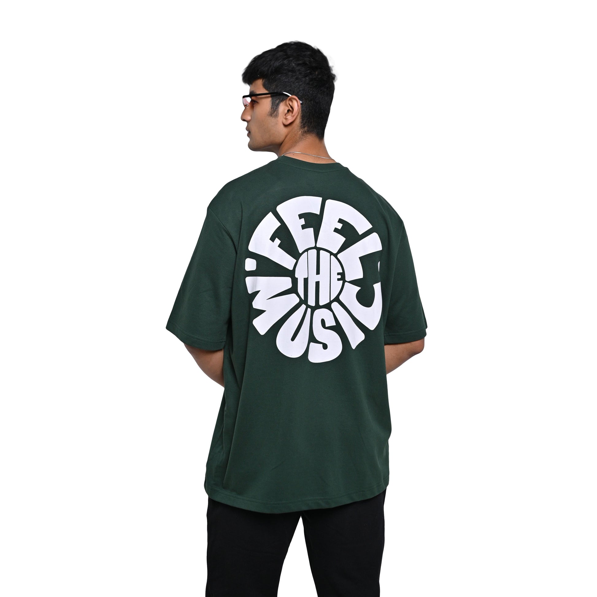 Feel the music T-Shirt: Olive, Oversized, Back Model Pose, Bio-Washed Cotton Printed by Techno Be With You