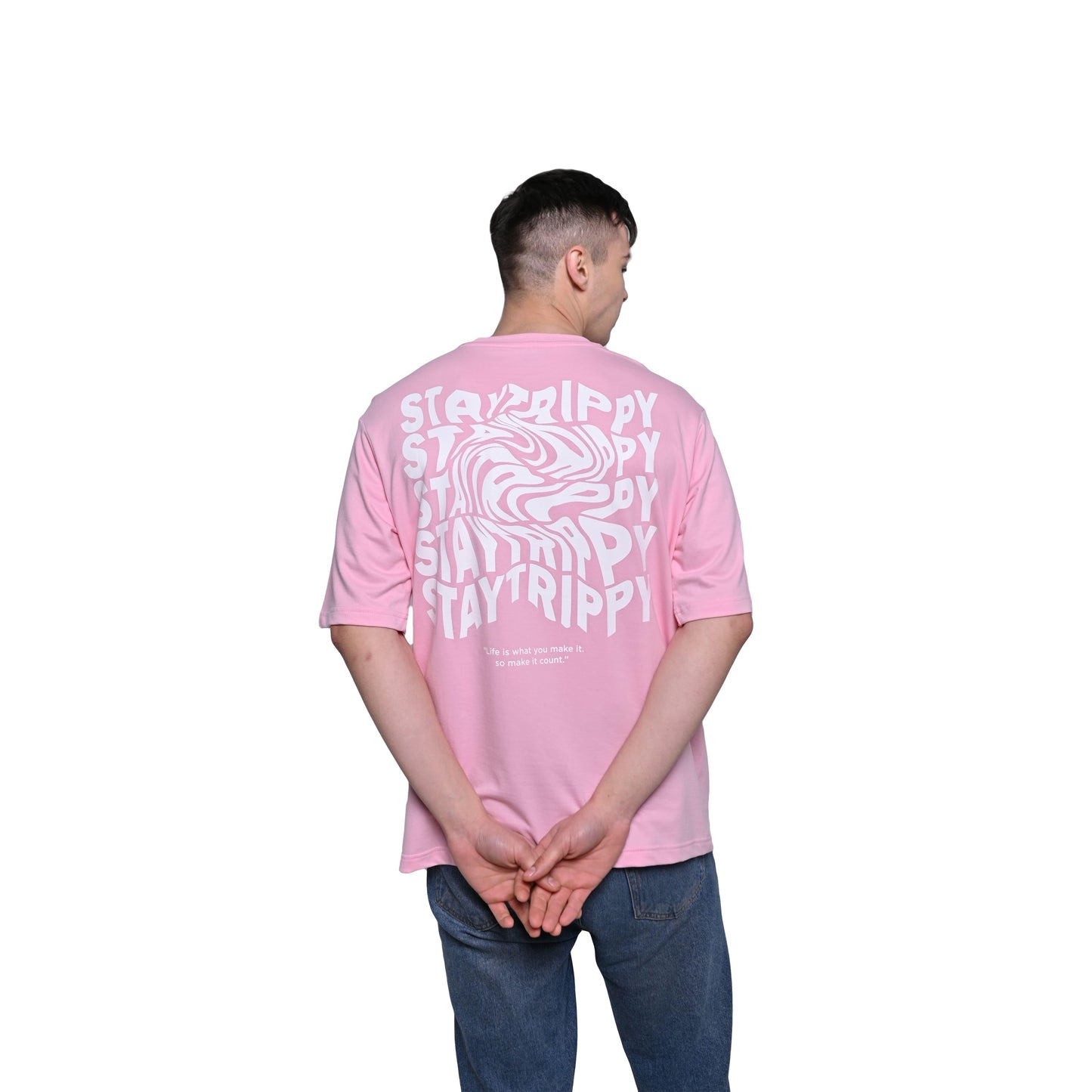 Star Trippy T-Shirt: Lilac, Oversized, Back Model Pose, Bio-Washed Cotton Printed by Techno Be With You