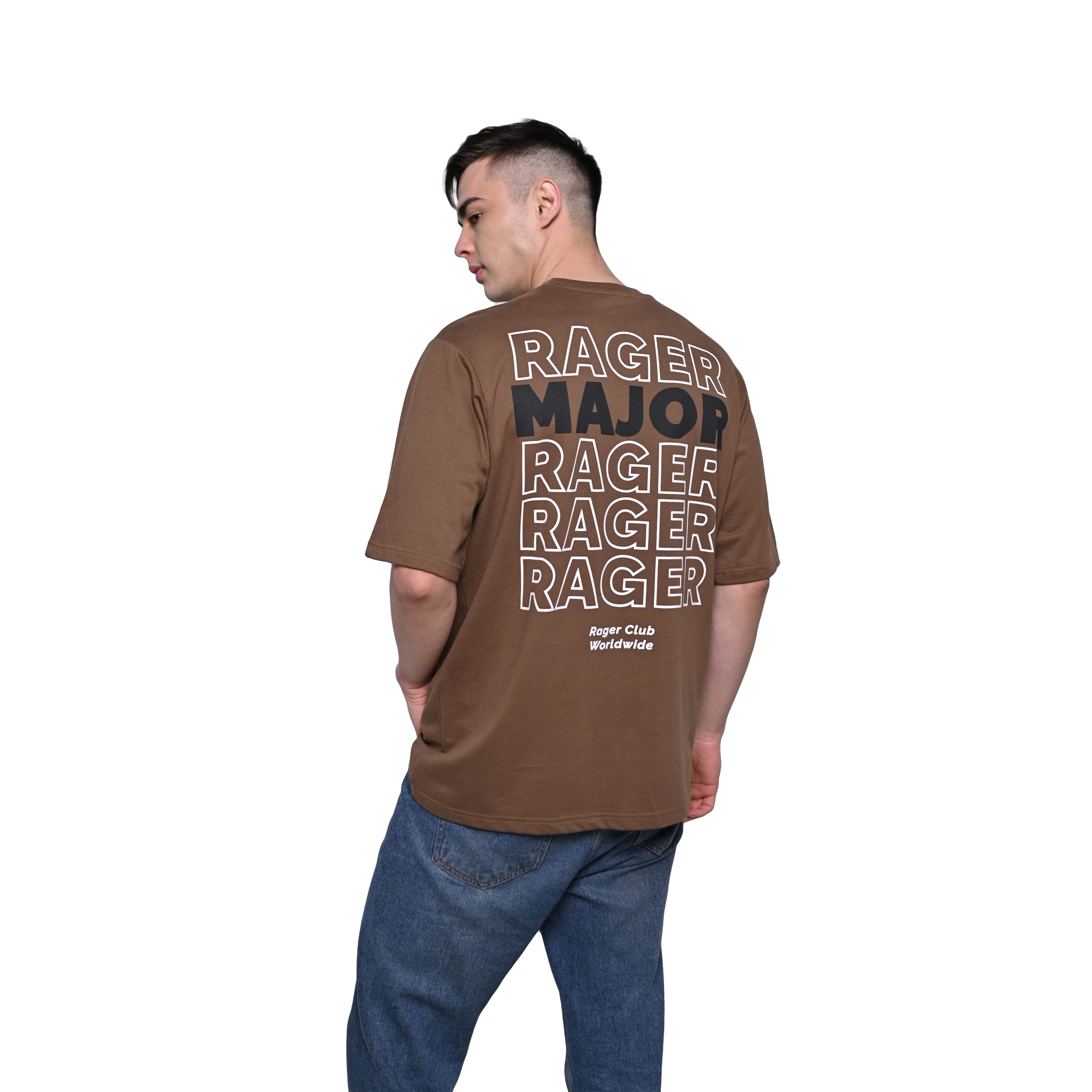 Major rager T-Shirt: Brown, Oversized, Back Model Pose, Bio-Washed Cotton Printed by Techno Be With You