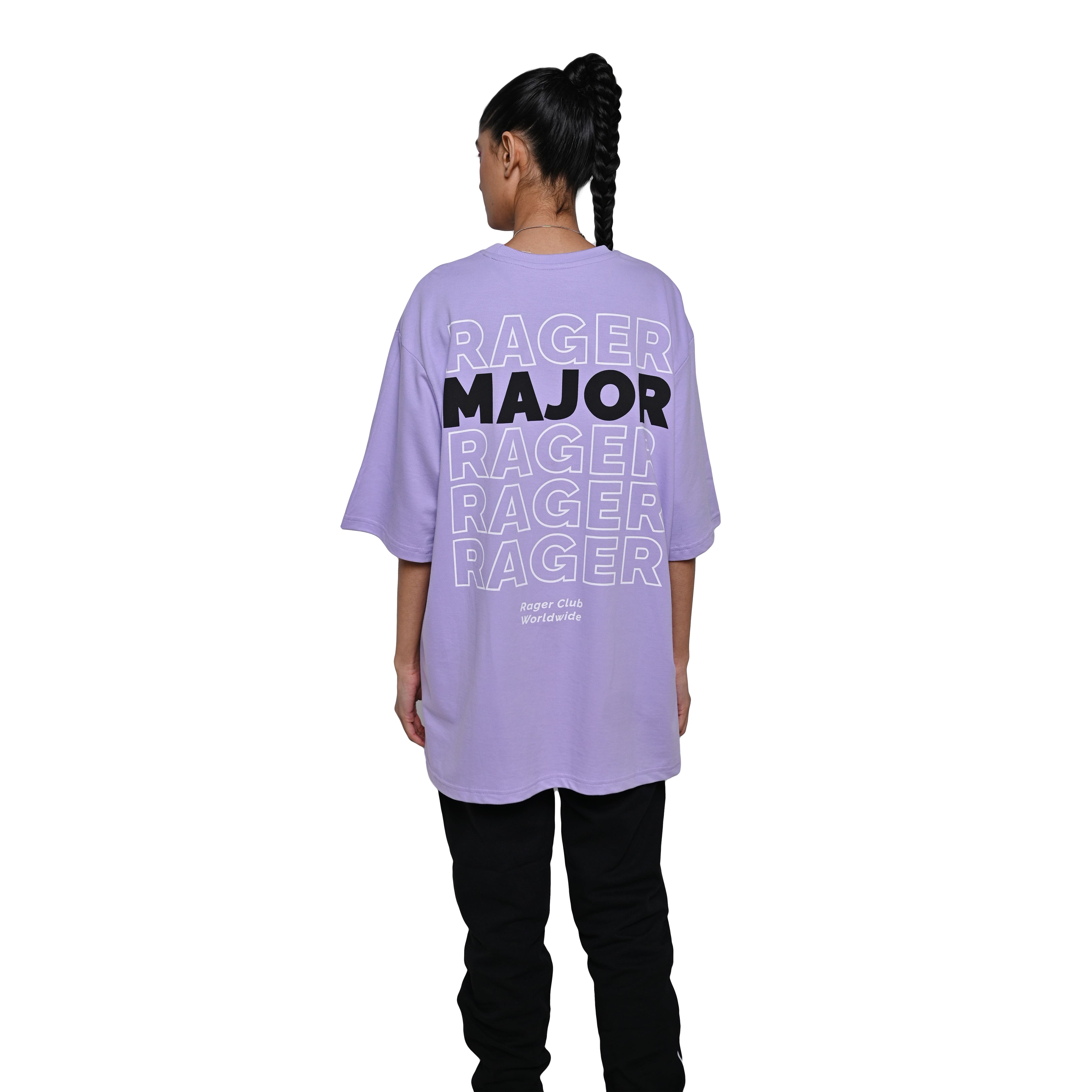 Major rager T-Shirt: Lavender, Oversized, Back Model Pose, Bio-Washed Cotton Printed by Techno Be With You