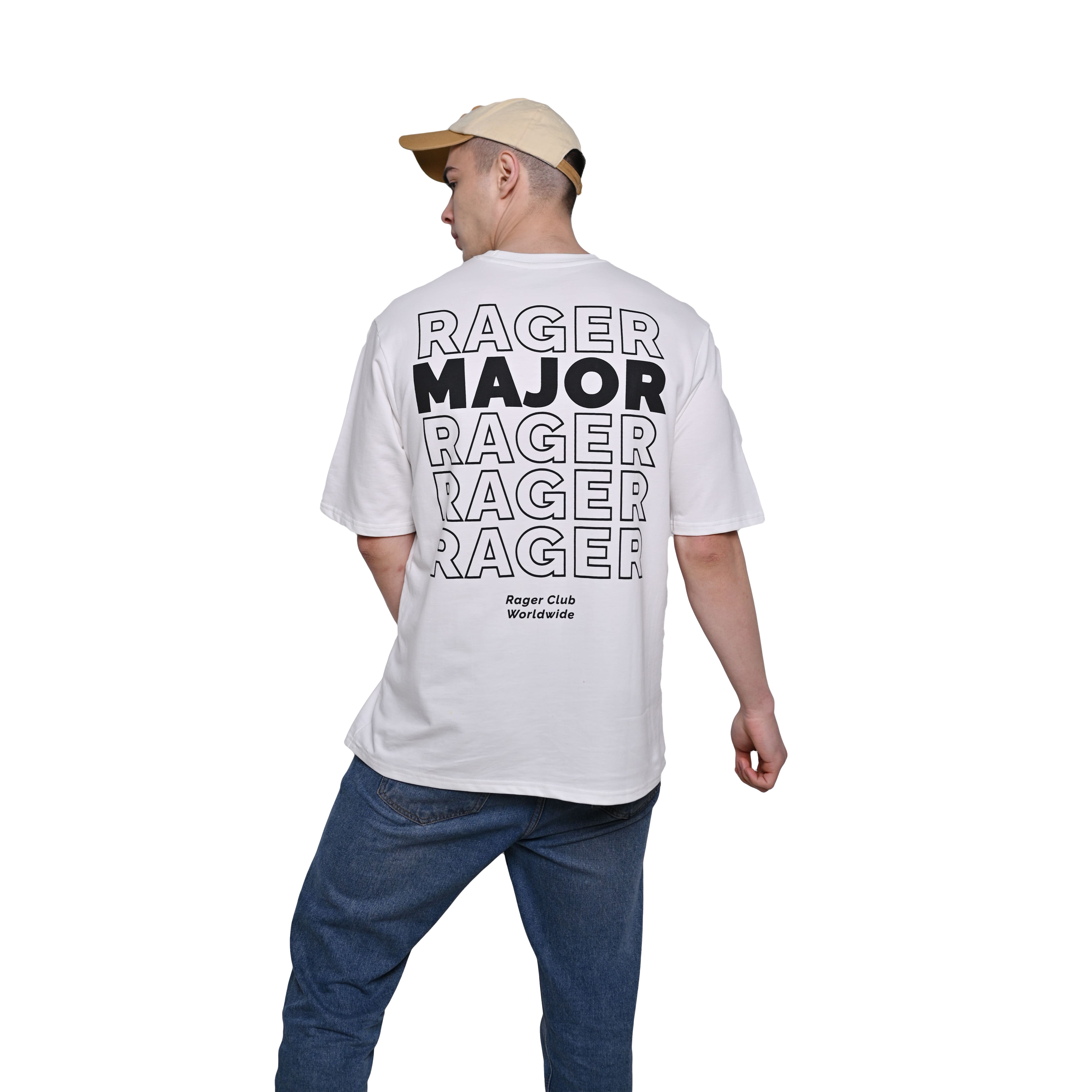 Major rager T-Shirt: White, Oversized, Back Model Pose, Bio-Washed Cotton Printed by Techno Be With You