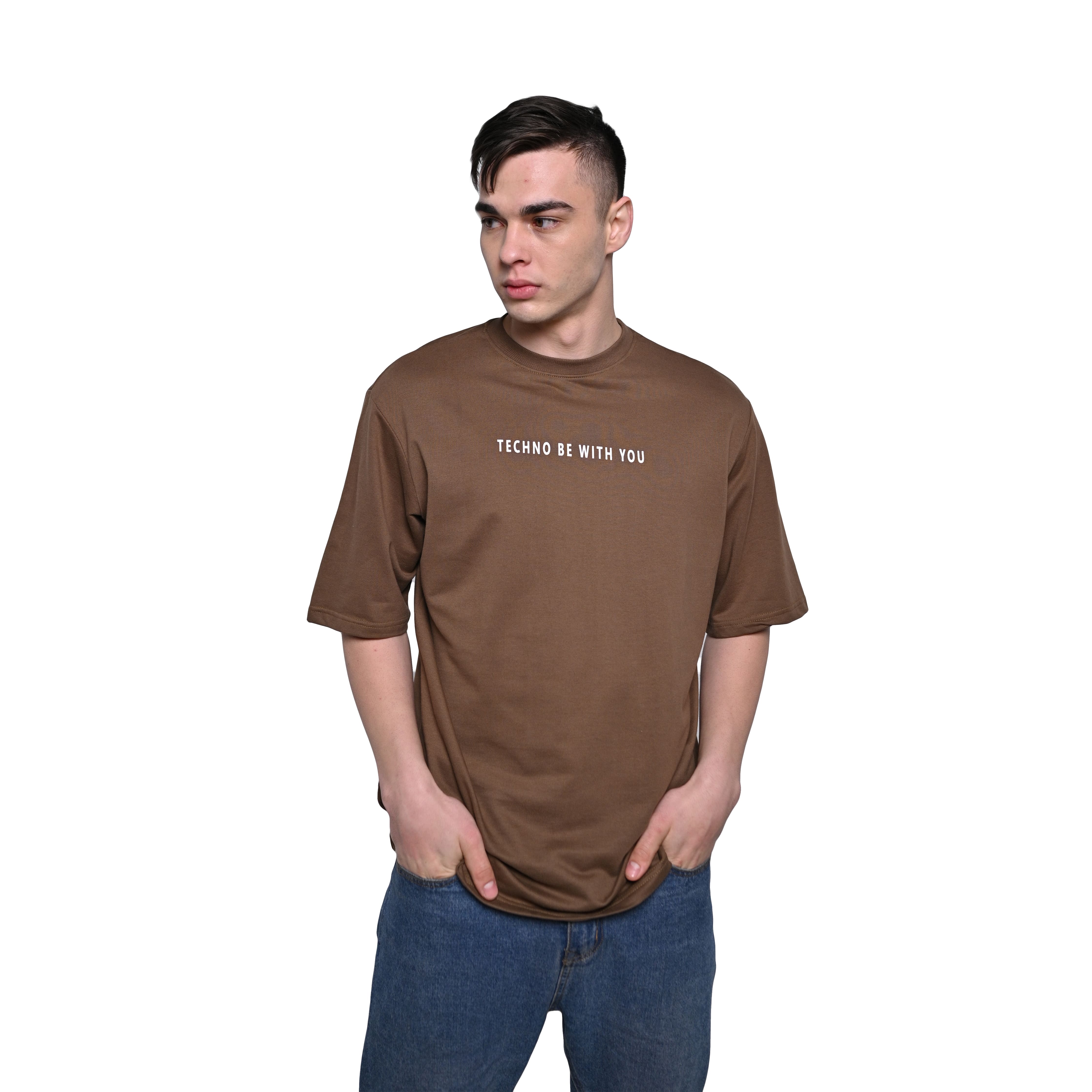 Major rager T-Shirt: Brown, Oversized, Front Model Pose, Bio-Washed Cotton Printed by Techno Be With You