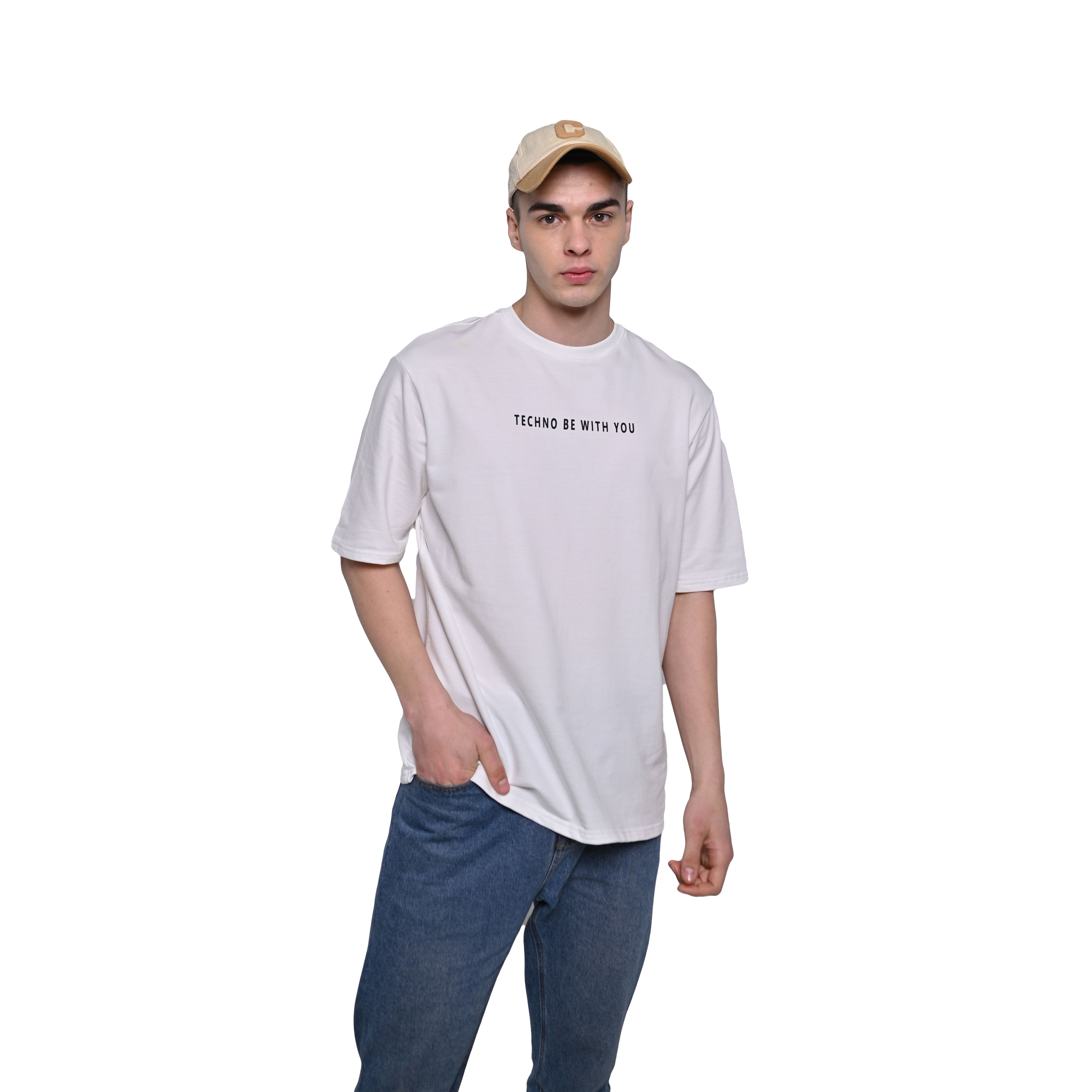 Major rager T-Shirt: White, Oversized, Front Model Pose, Bio-Washed Cotton Printed by Techno Be With You