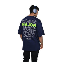 Major rager T-Shirt: Blue, Oversized, Back Model Pose, Bio-Washed Cotton Printed by Techno Be With You