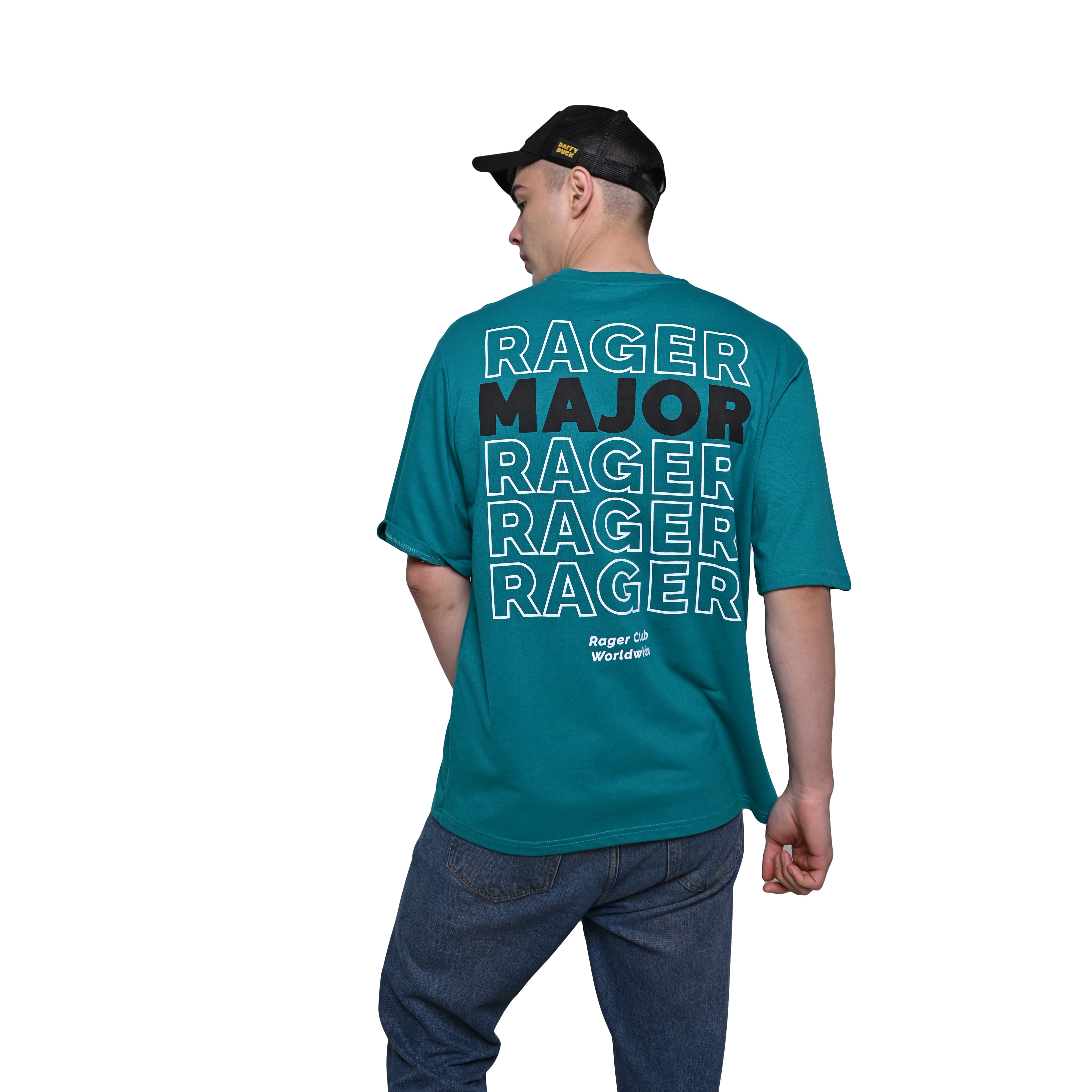 Major rager T-Shirt: Blue, Oversized, Back Model Pose, Bio-Washed Cotton Printed by Techno Be With You
