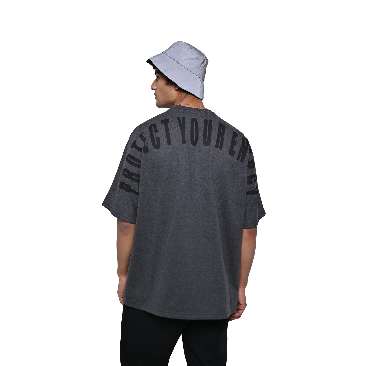 Protect Your Energy T-Shirt: Grey, Oversized, Back Model Pose, Bio-Washed Cotton Printed by Techno Be With You