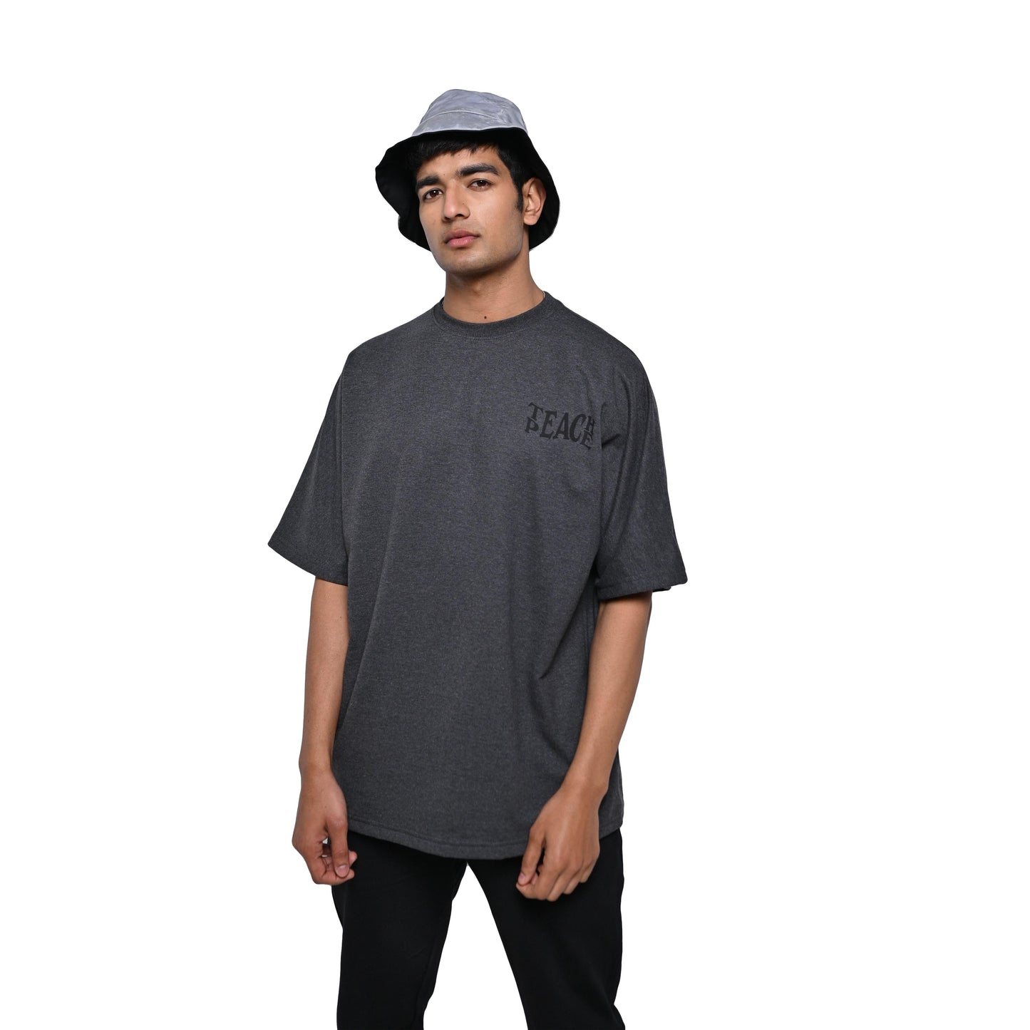 Protect Your Energy T-Shirt: Grey, Oversized, Front Model Pose, Bio-Washed Cotton Printed by Techno Be With You