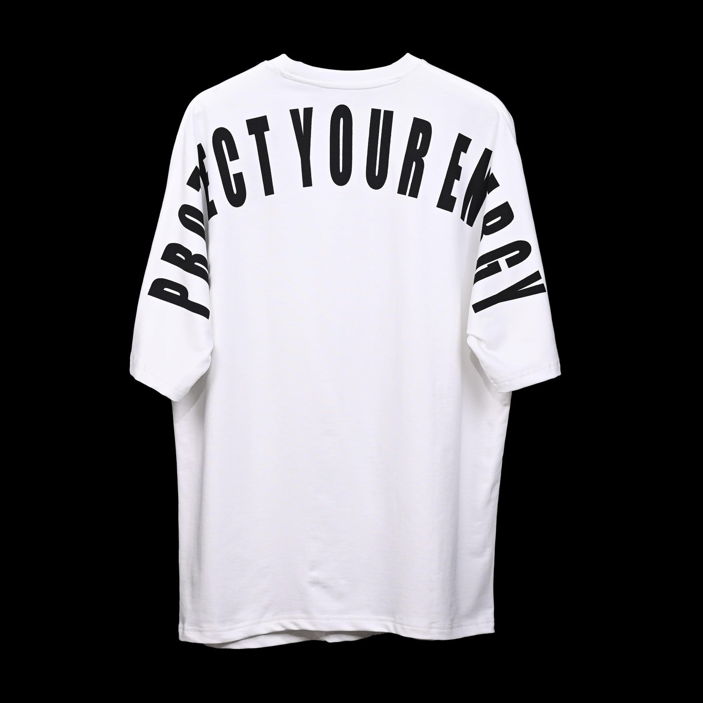 Protect Your Energy T-Shirt: White, Oversized, Back Side, Bio-Washed Cotton Printed by Techno Be With You