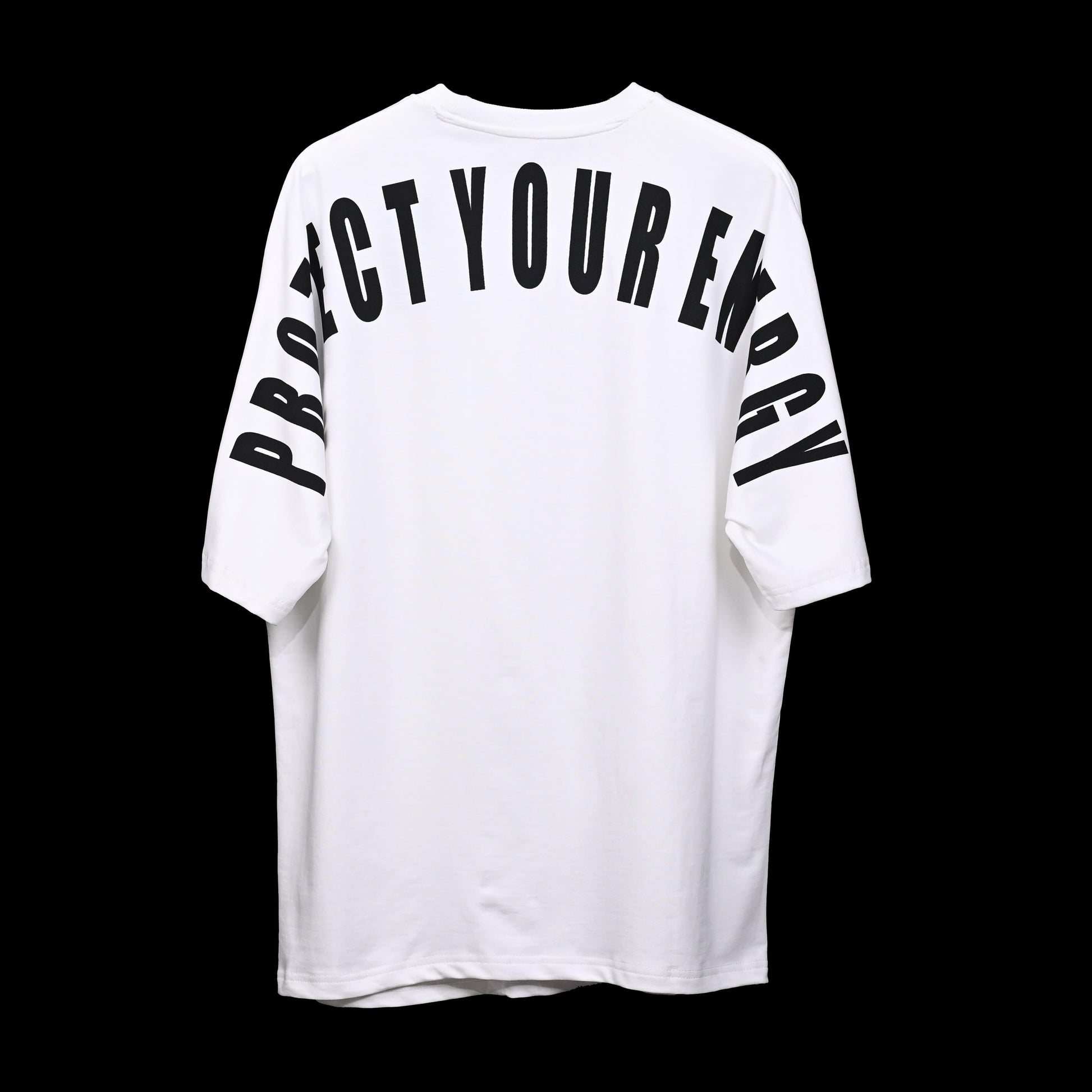 Protect Your Energy T-Shirt: White, Oversized, Back Side, Bio-Washed Cotton Printed by Techno Be With You