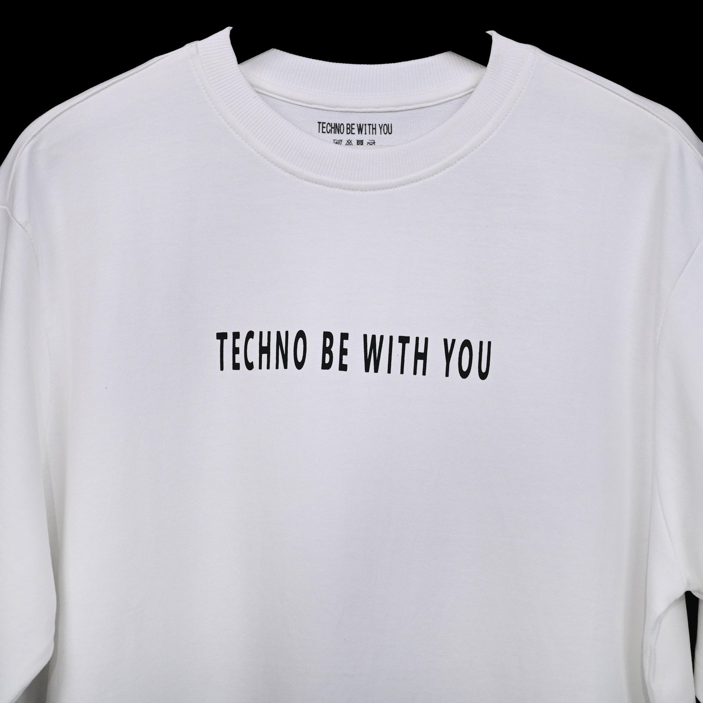 Raver T-Shirt: White, Oversized, Close Front, Bio-Washed Cotton Printed by Techno Be With You