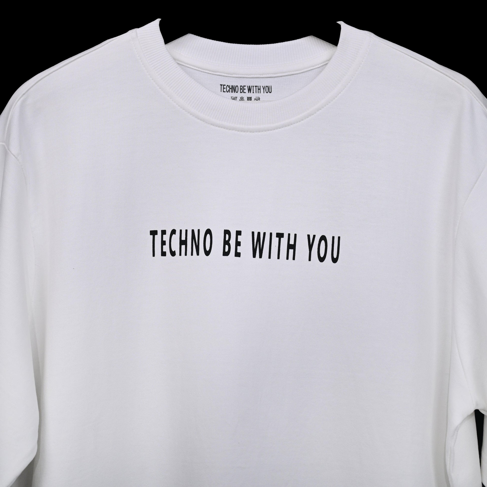 Raver T-Shirt: White, Oversized, Close Front, Bio-Washed Cotton Printed by Techno Be With You