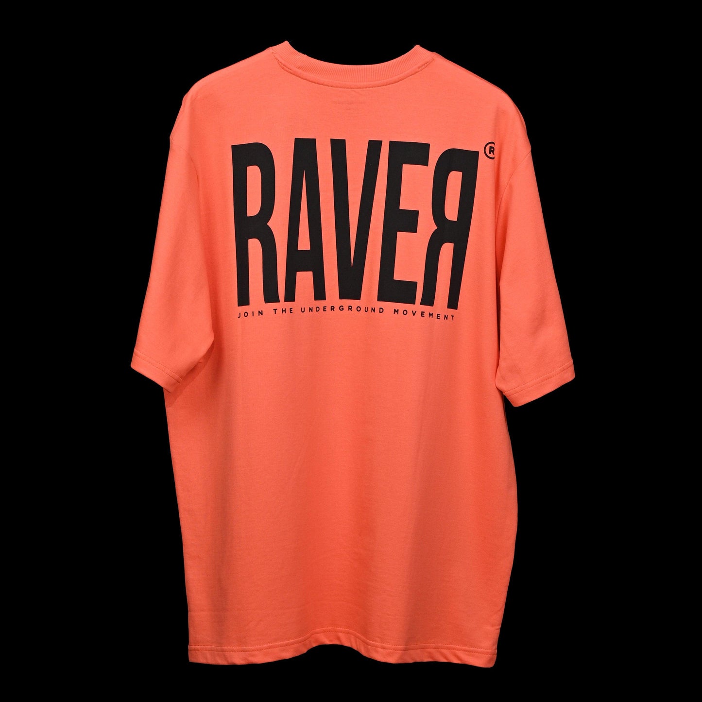 Raver T-Shirt: Orange, Oversized, Back Side, Bio-Washed Cotton Printed by Techno Be With You