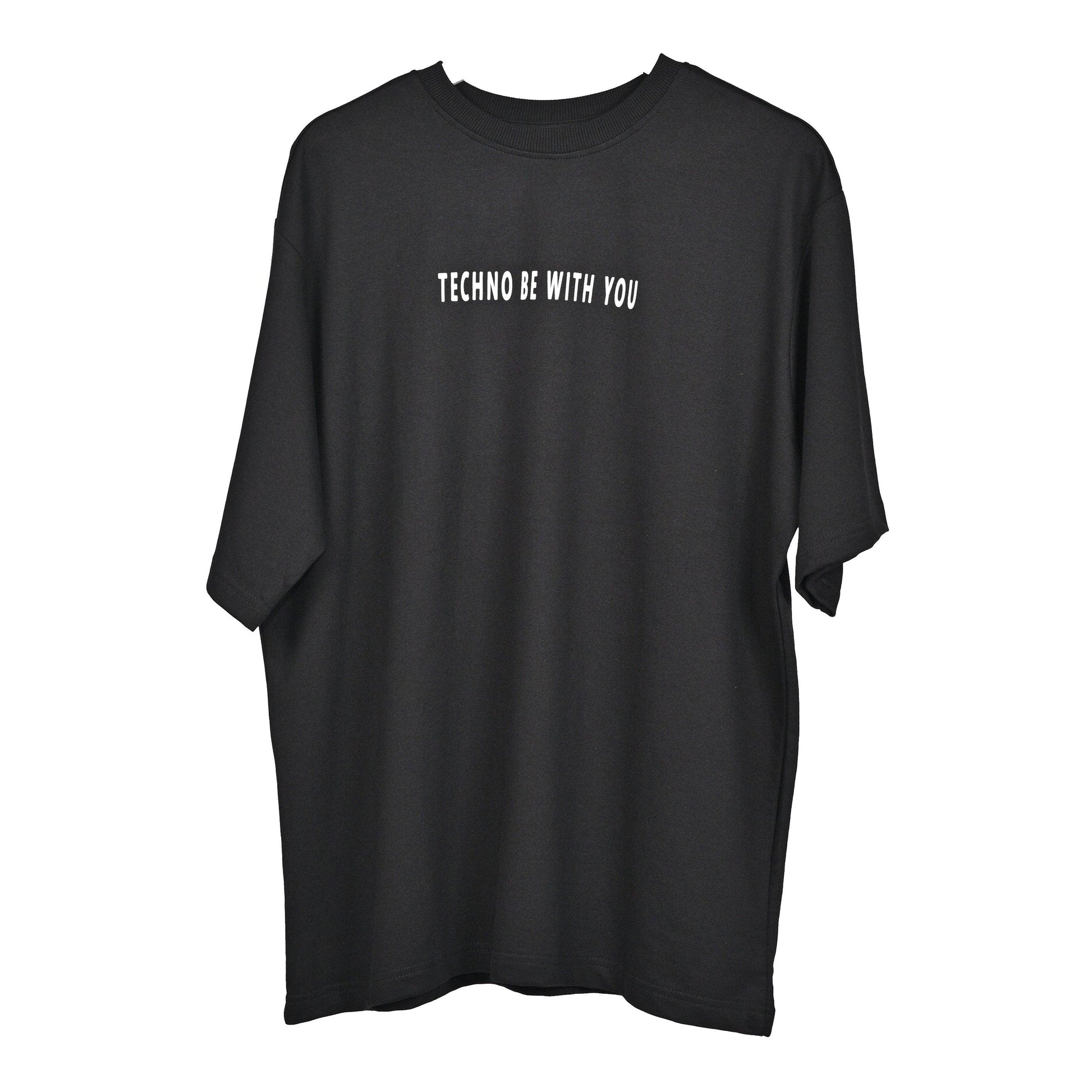 Raver T-Shirt: Black, Oversized, Front side, Bio-Washed Cotton Printed by Techno Be With You