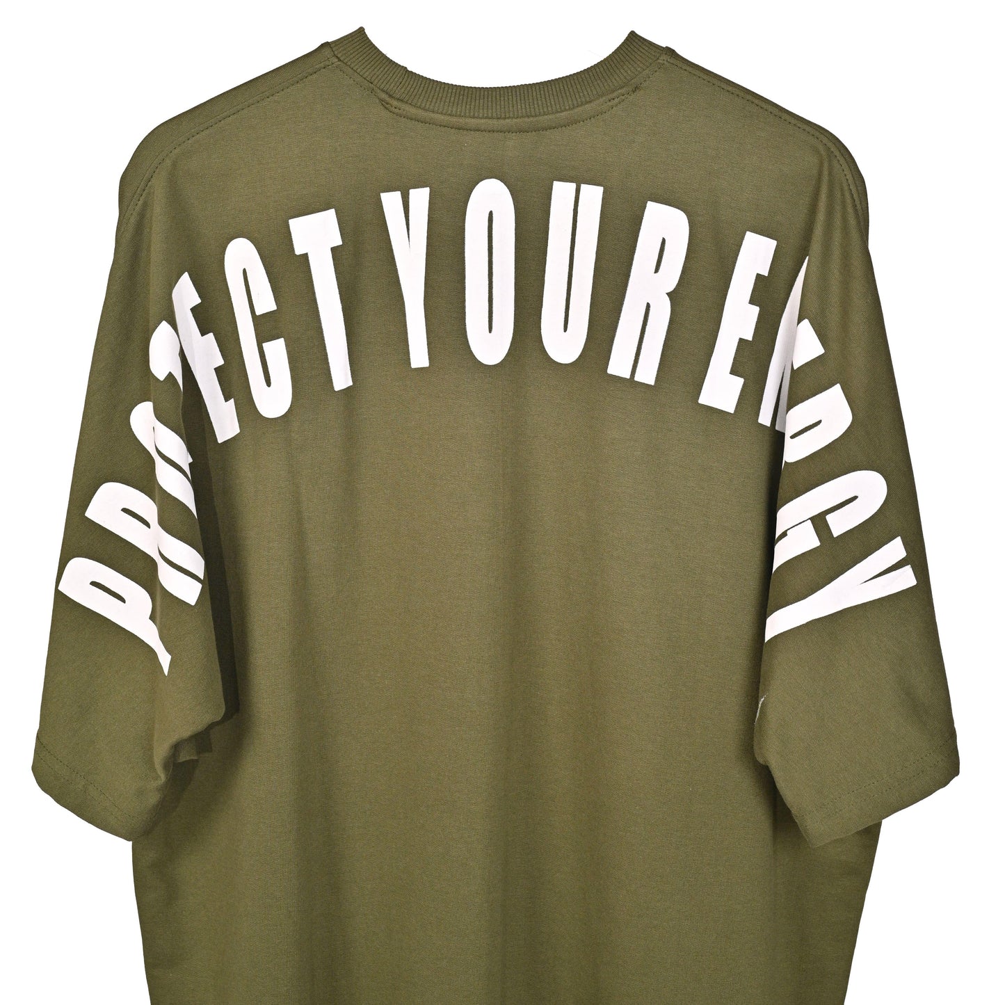 Protect Your Energy T-Shirt: Green, Oversized, Close Back Side, Bio-Washed Cotton Printed by Techno Be With You