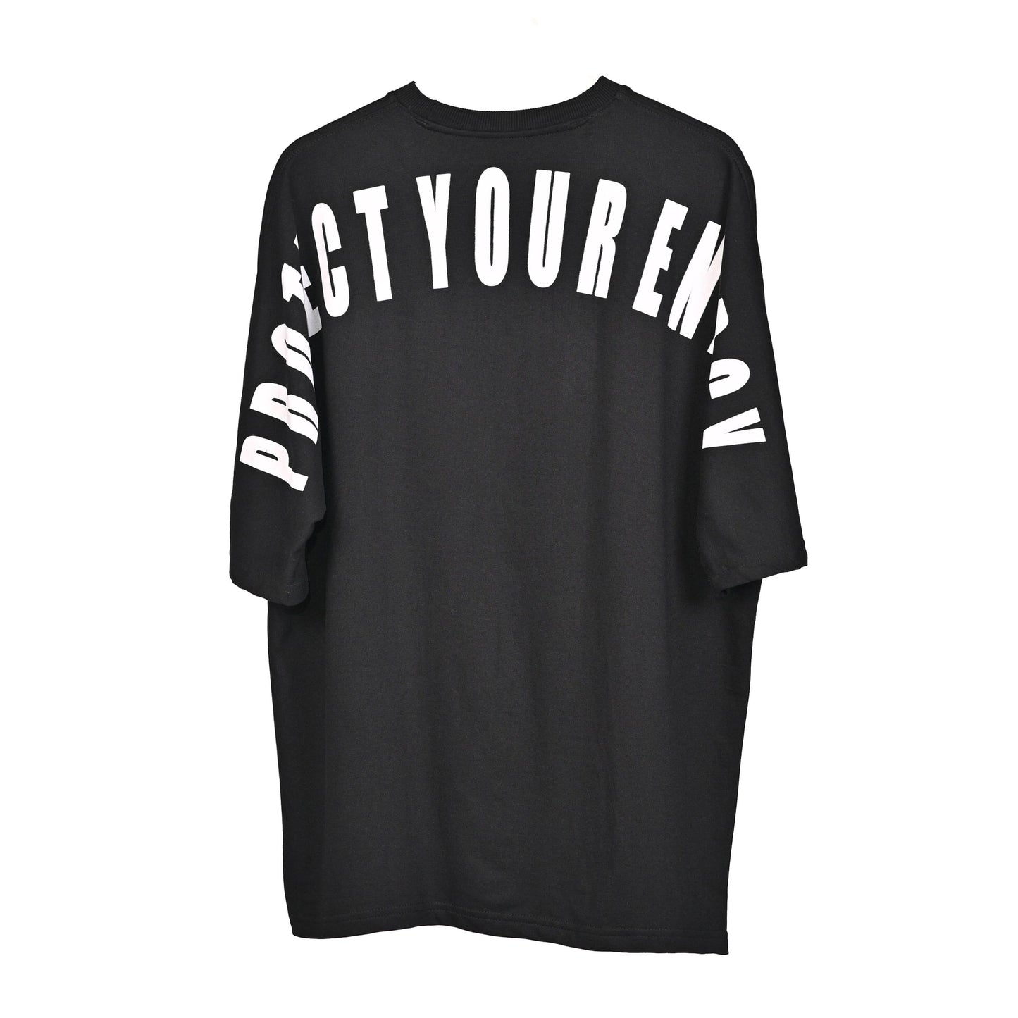 Protect Your Energy T-Shirt: Black, Oversized, Back Side, Bio-Washed Cotton Printed by Techno Be With You