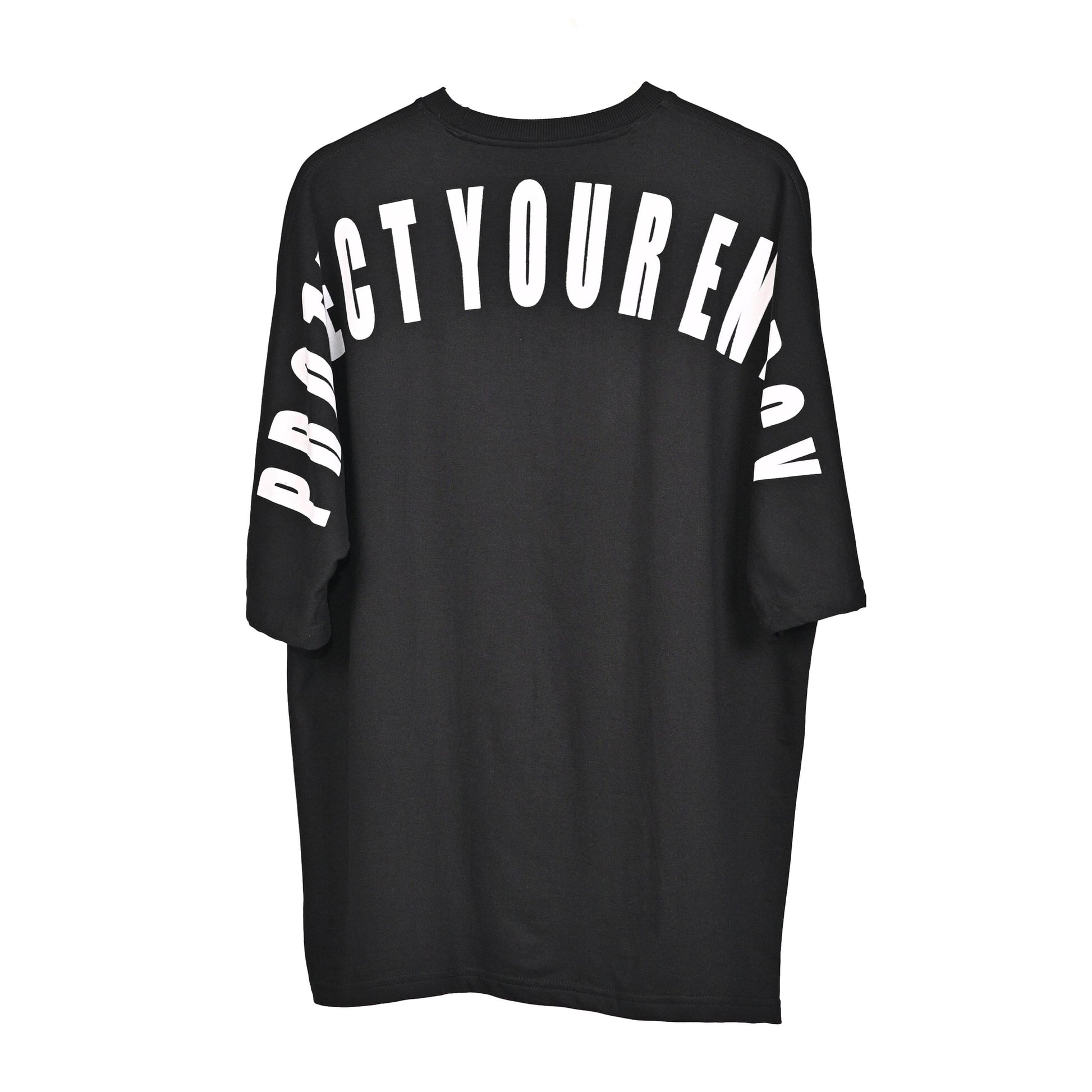 Protect Your Energy T-Shirt: Black, Oversized, Back Side, Bio-Washed Cotton Printed by Techno Be With You